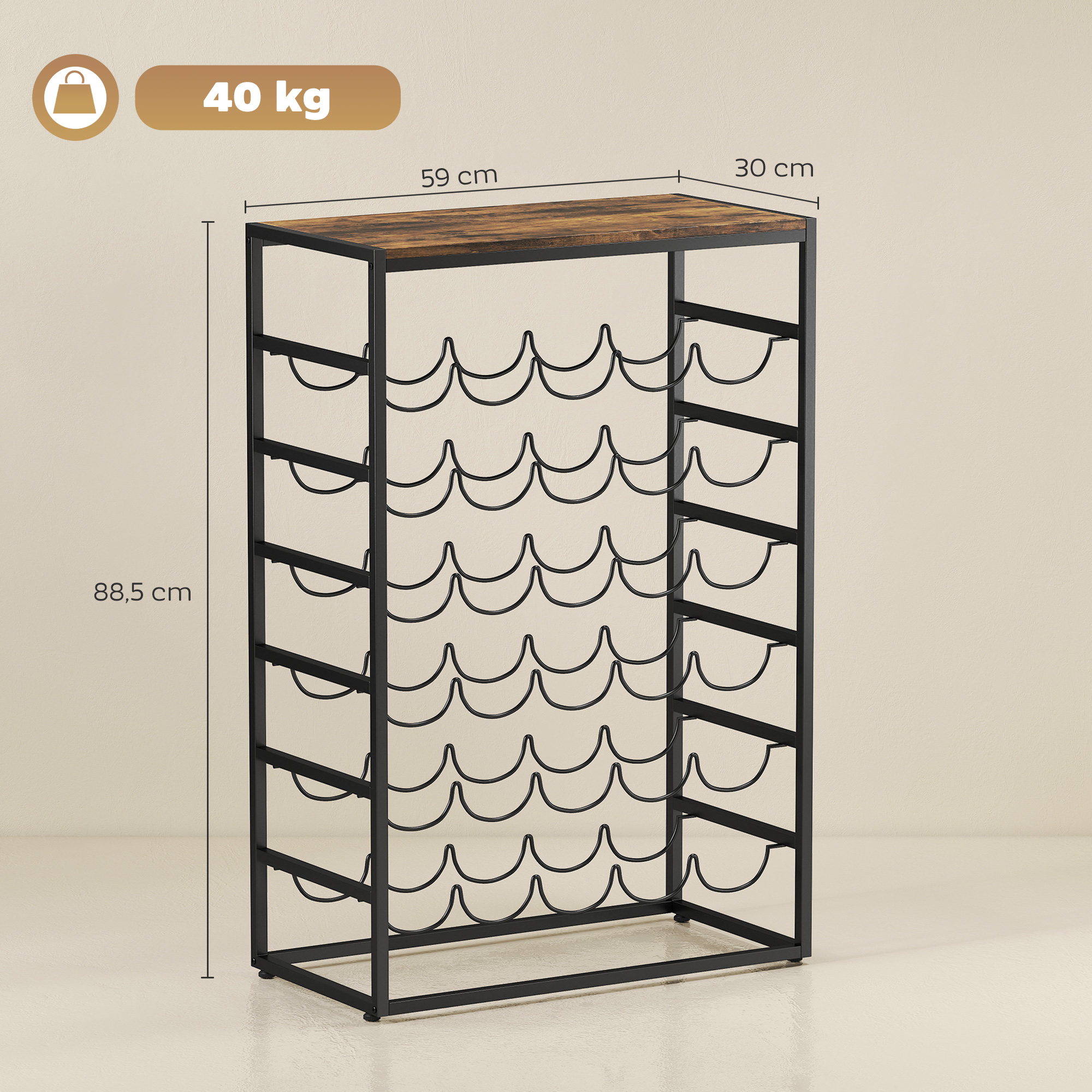 Weinregal für 30 Flaschen freistehendes Flaschenregal aus Metall für Keller Lagerraum 59 x 30 x 88,5 cm Rustikal-Braun