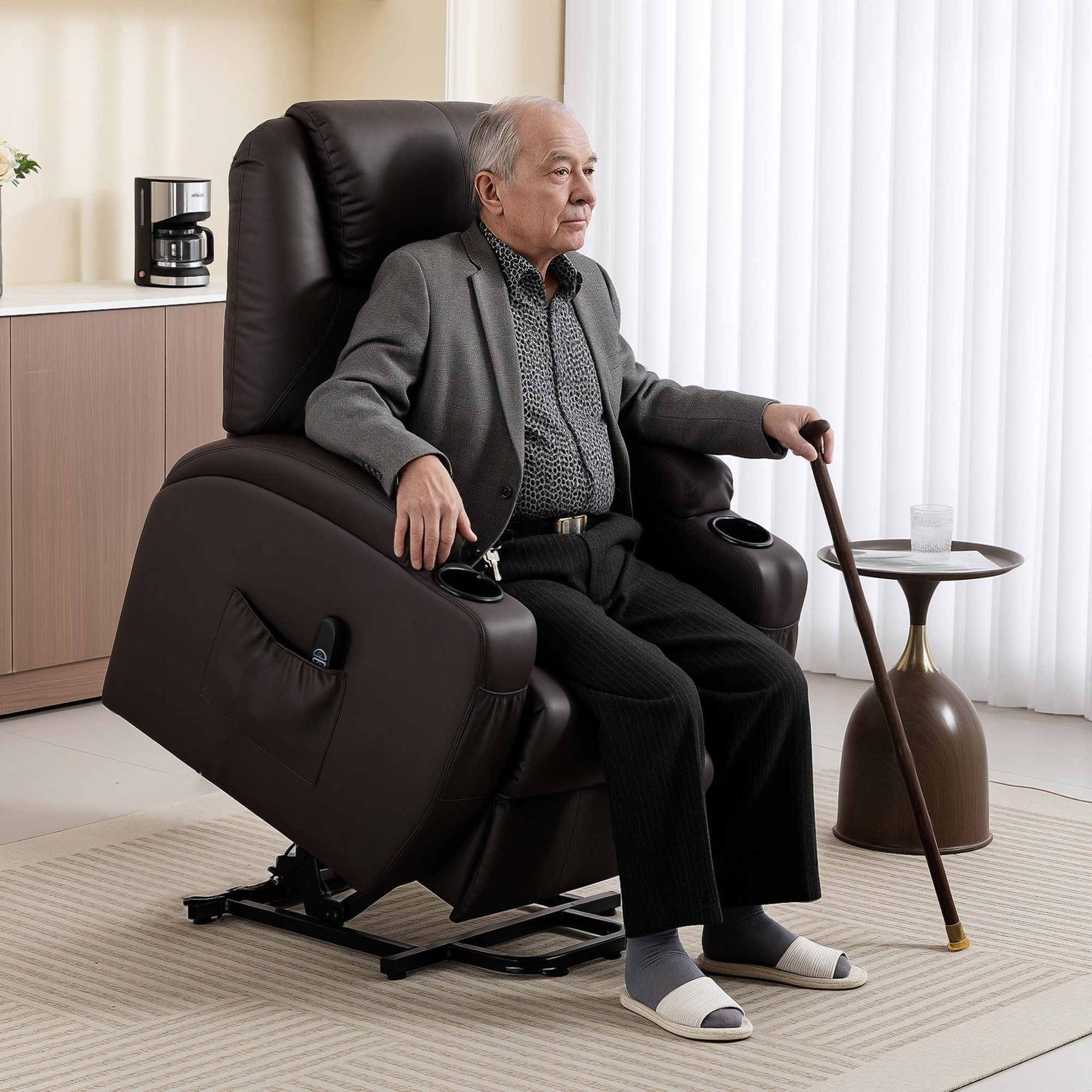 Aufstehsessel, Relaxsessel mit Aufstehhilfe, inkl. Fernbedienung, Becherhalter, verstellbare Rückenlehne, Braun