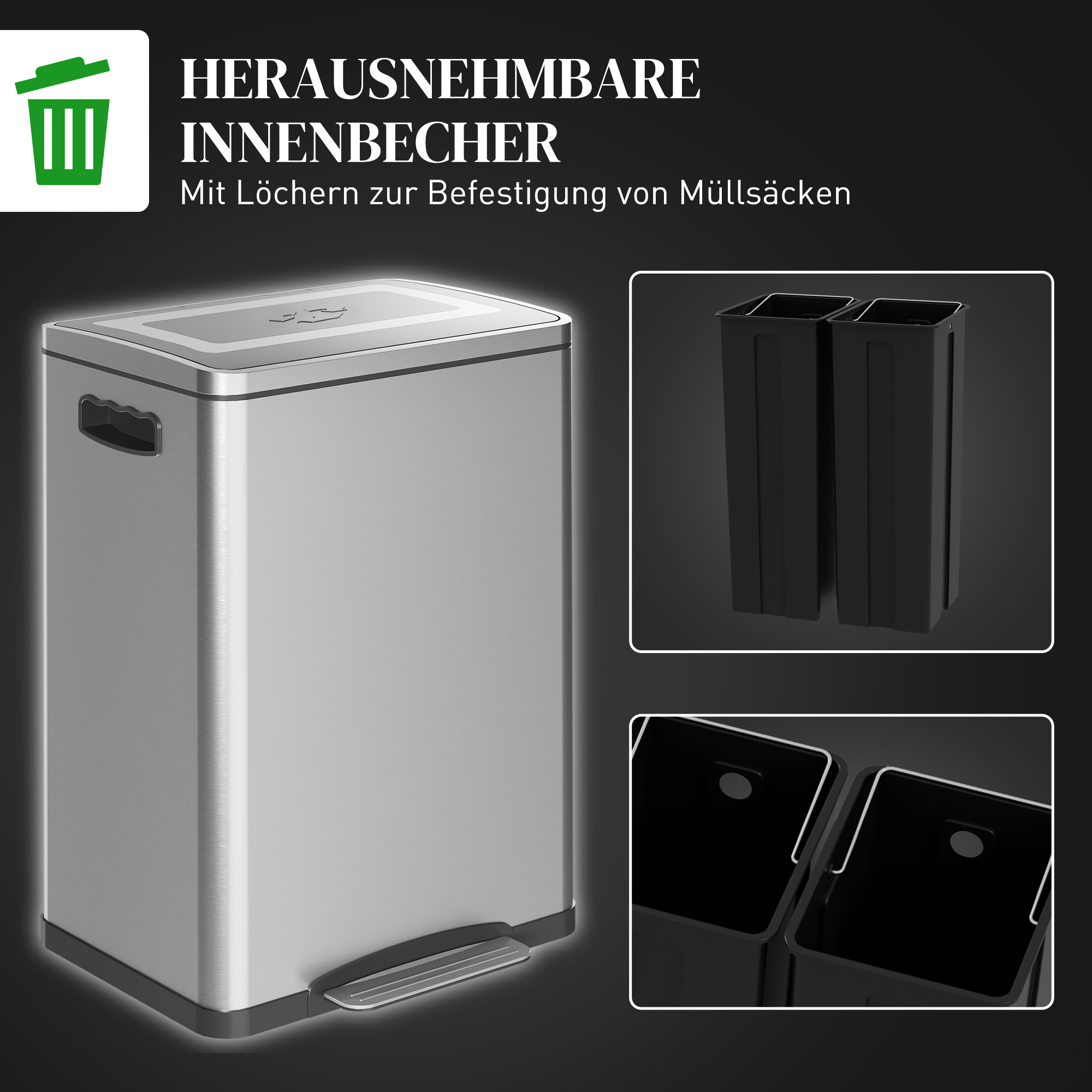 Mülleimer, Abfalleimer mit Deckel und Fußpedal, Edelstahl, 2x 20 Liter-Fächer, Silber