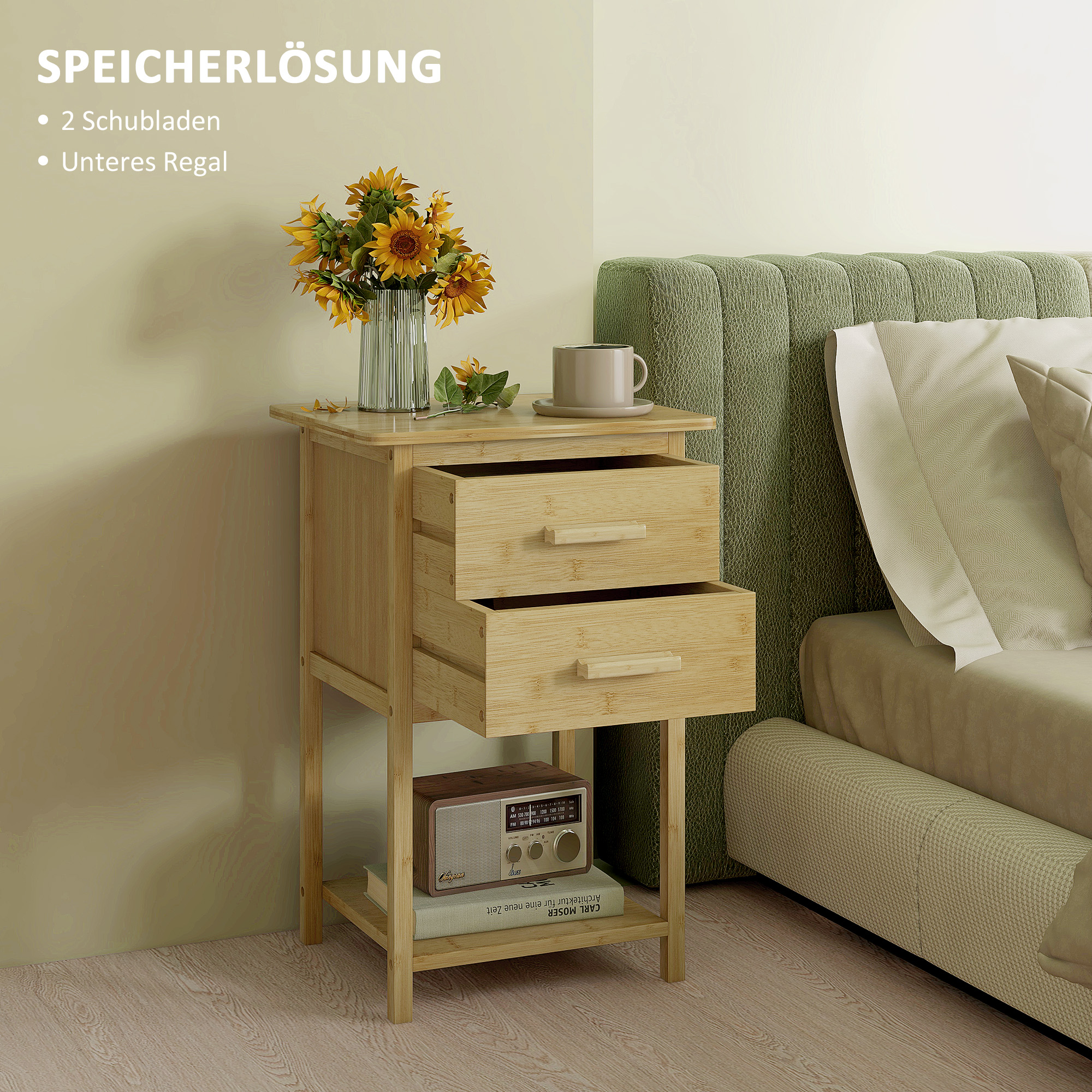 Nachtschrank, 2er-Set, Skandi-Design, Bambus, 2 Schubladen & Regal, 40x34x60cm