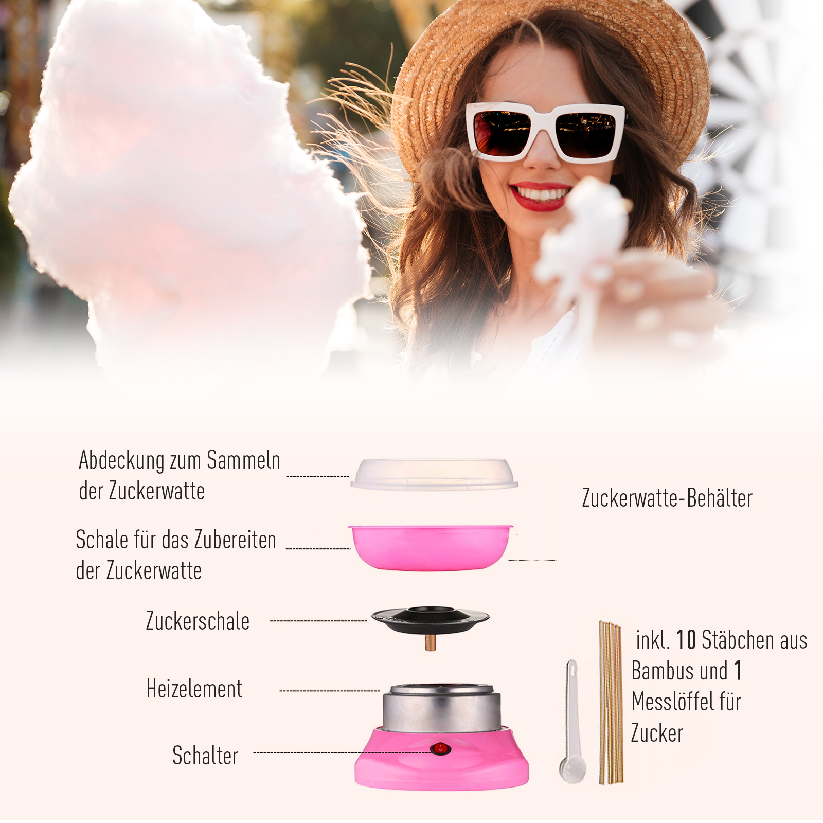 Zuckerwattemaschine, einfach zu bedienendes Zuckerwattegerät, für Erwachsene und Kinder, Edelstahl, PP, Rosa