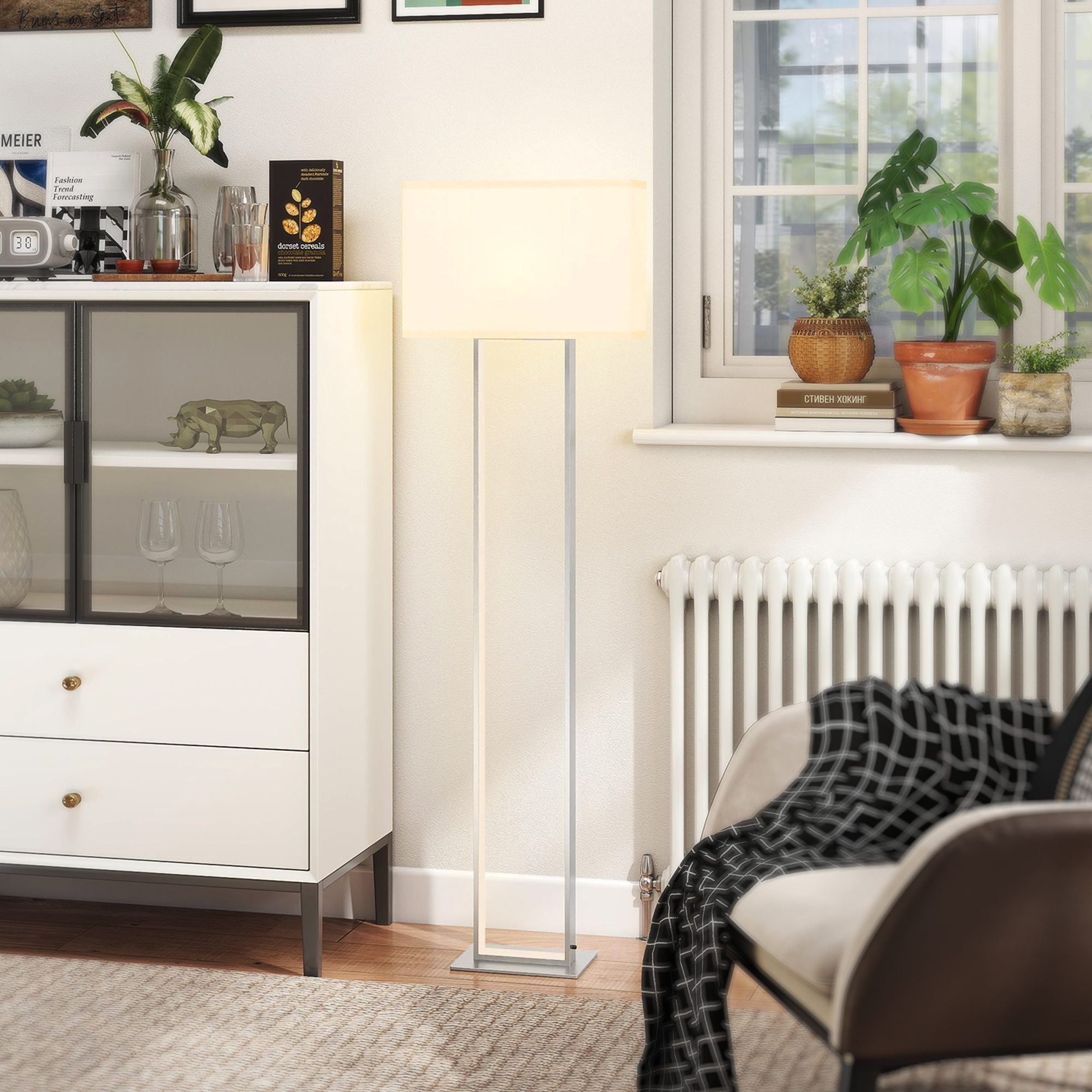 Moderne Stehlampe, 3 Modi, Fußschalter, verstellbare Helligkeit, Leinenoptik, Weiß