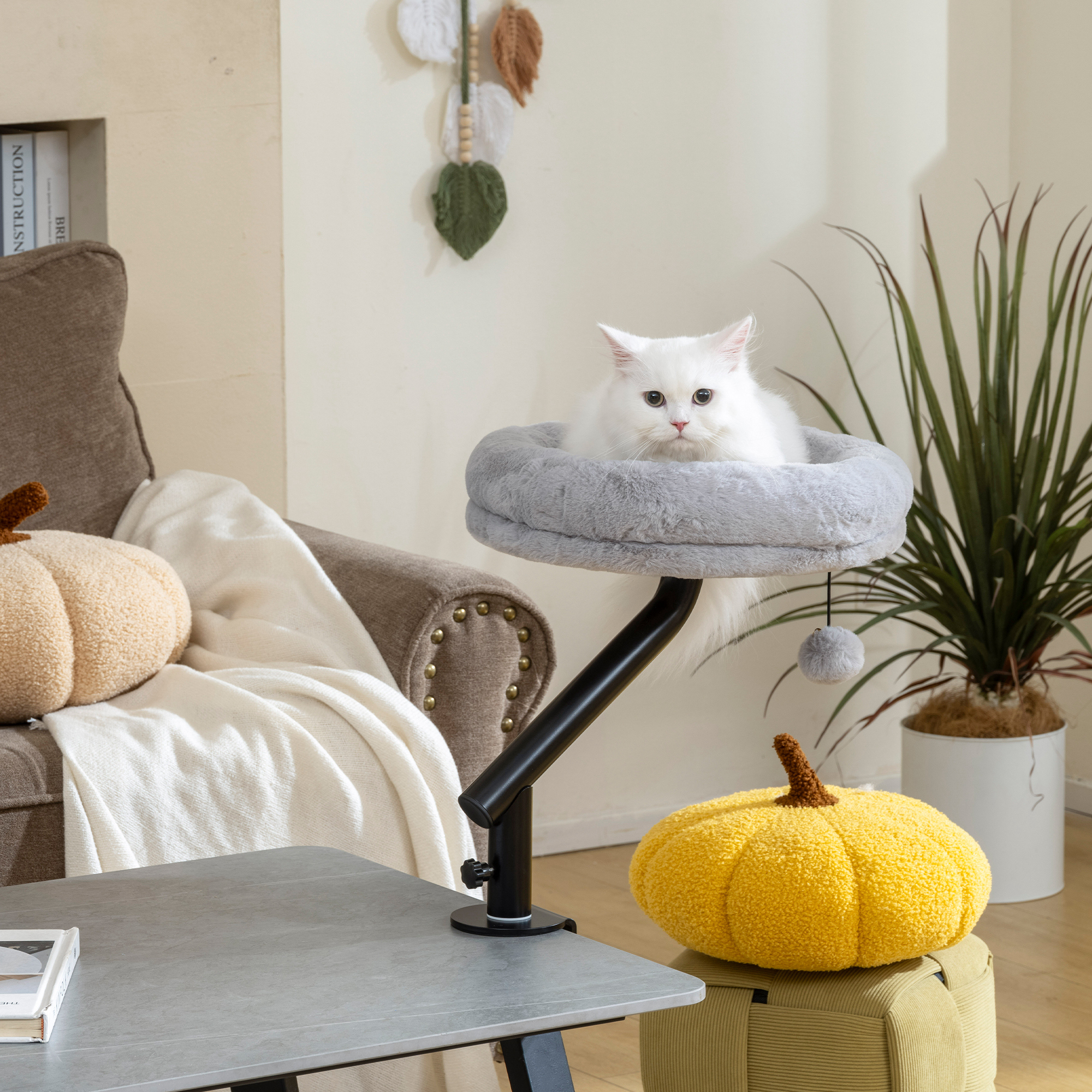 Katzen-Schreibtischbett, Katzenbett für Schreibtisch mit 360°Drehung, verstellbarer Höhe, Katzenliege mit abnehmbarem, maschinenwaschbarem Bett, für Katzen unter 6 kg, Heimbüro, Grau