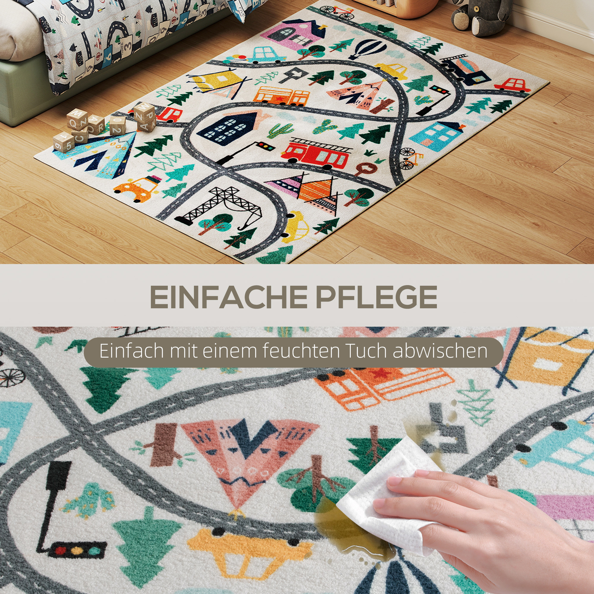 Teppich mit Autobahn-Muster, weißer Hintergrund, weiches Fleece, pflegeleicht, Bunt