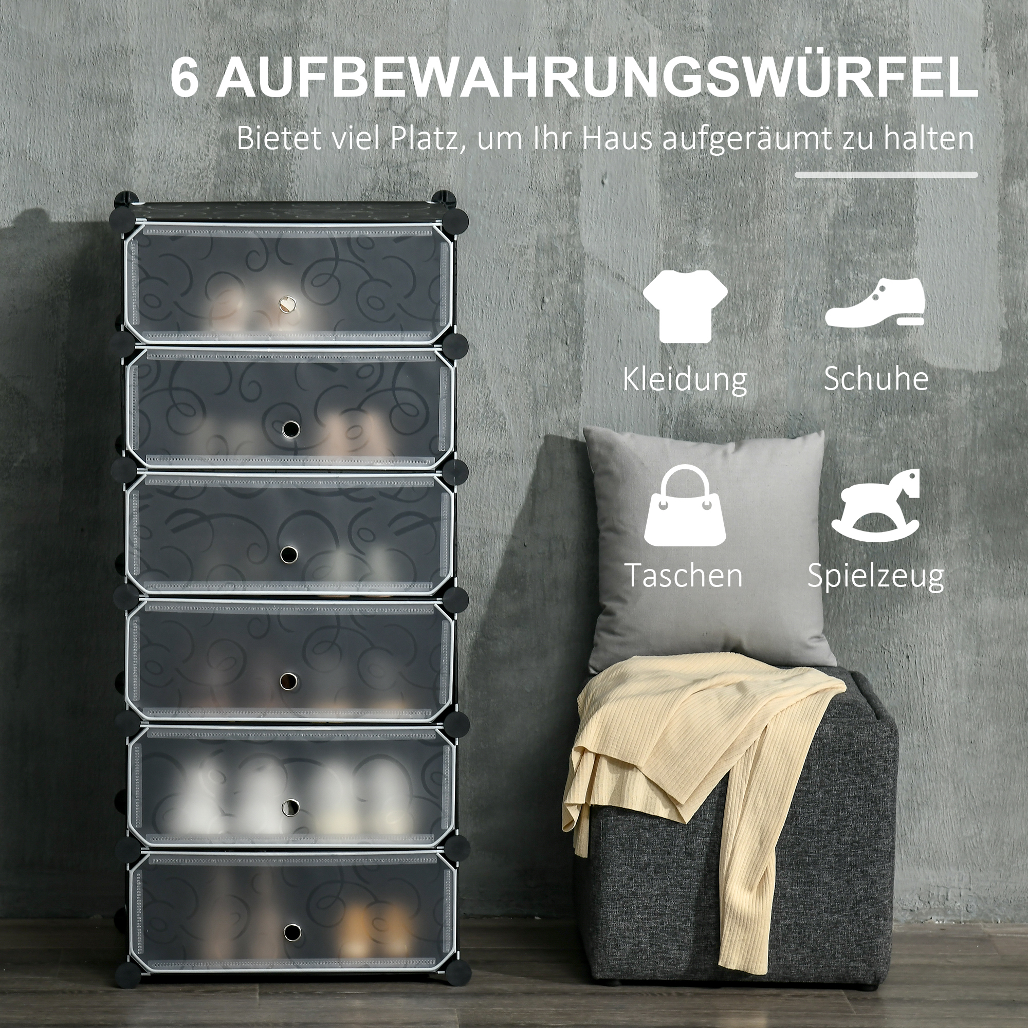 Modulares Regalsystem für 6 Paar Schuhe, 49 cm x 36,5 cm x 108 cm, Schwarz