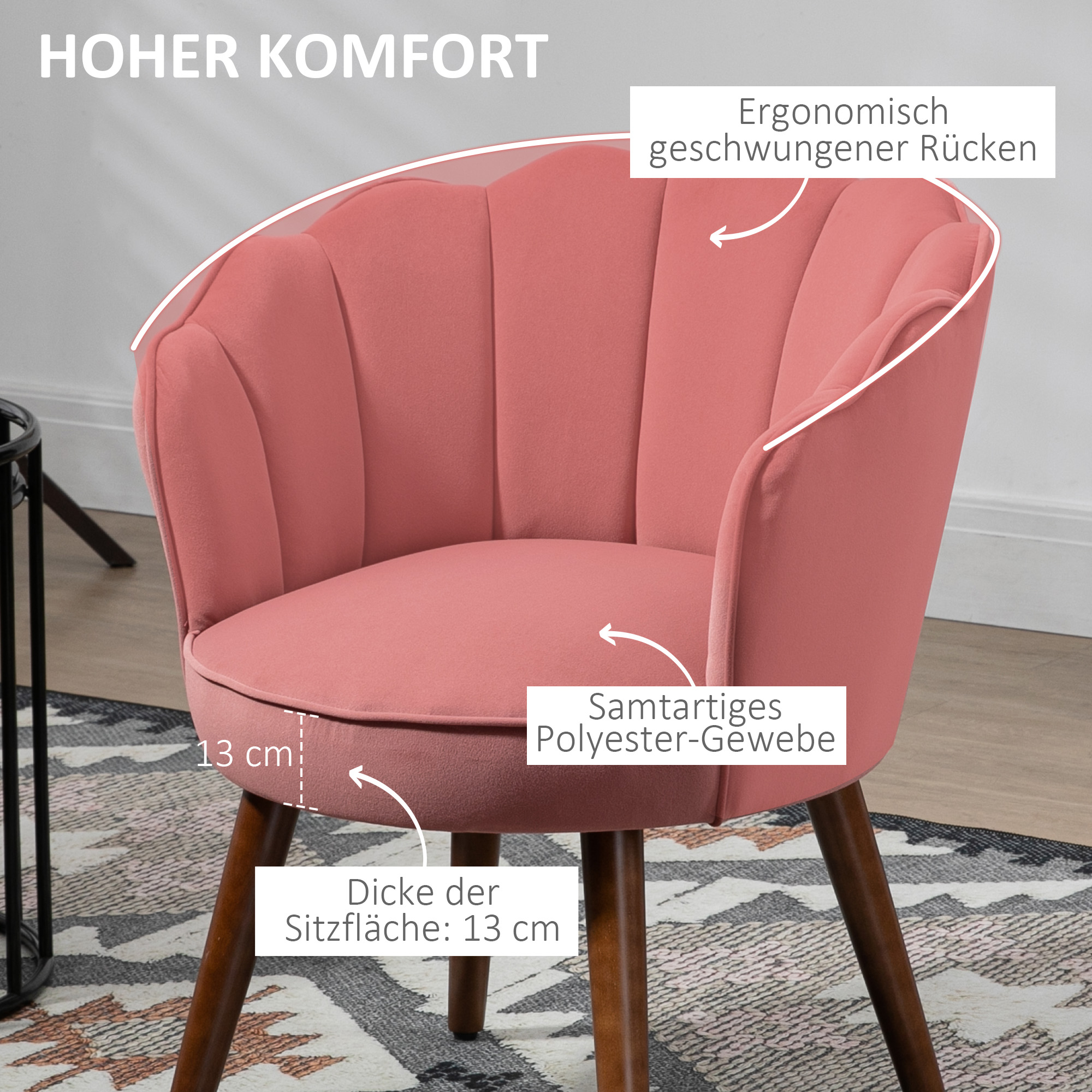 Sessel Wohnzimmer Loungesessel in Muschelform Relaxsessel mit Holzbeine, Polstersessel Lesesessel mit Samtoptik, Polsterstuhl für Schlafzimmer Rosa