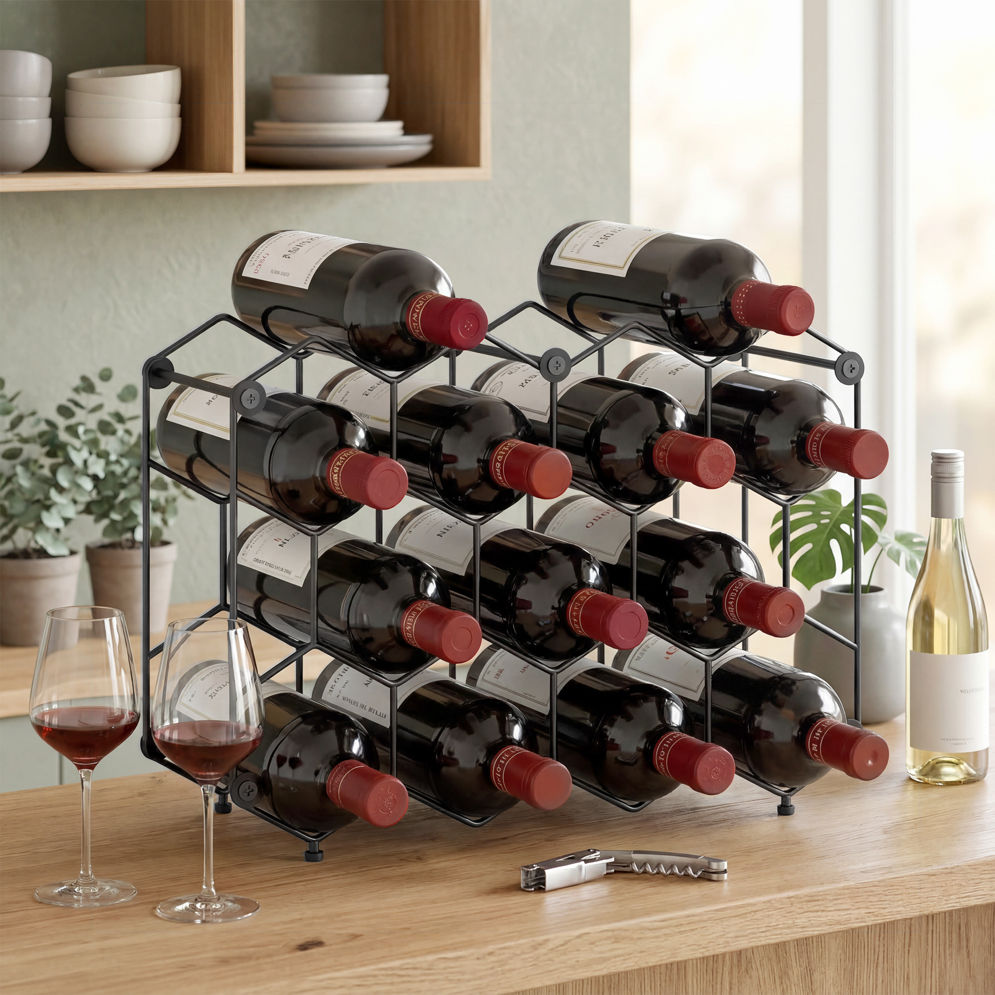 Weinregal für 13 Flaschen Flaschenregal mit Wabendesign Verstellbaren Füßen Kippschutz Metall 43 x 15,5 x 31 cm Schwarz