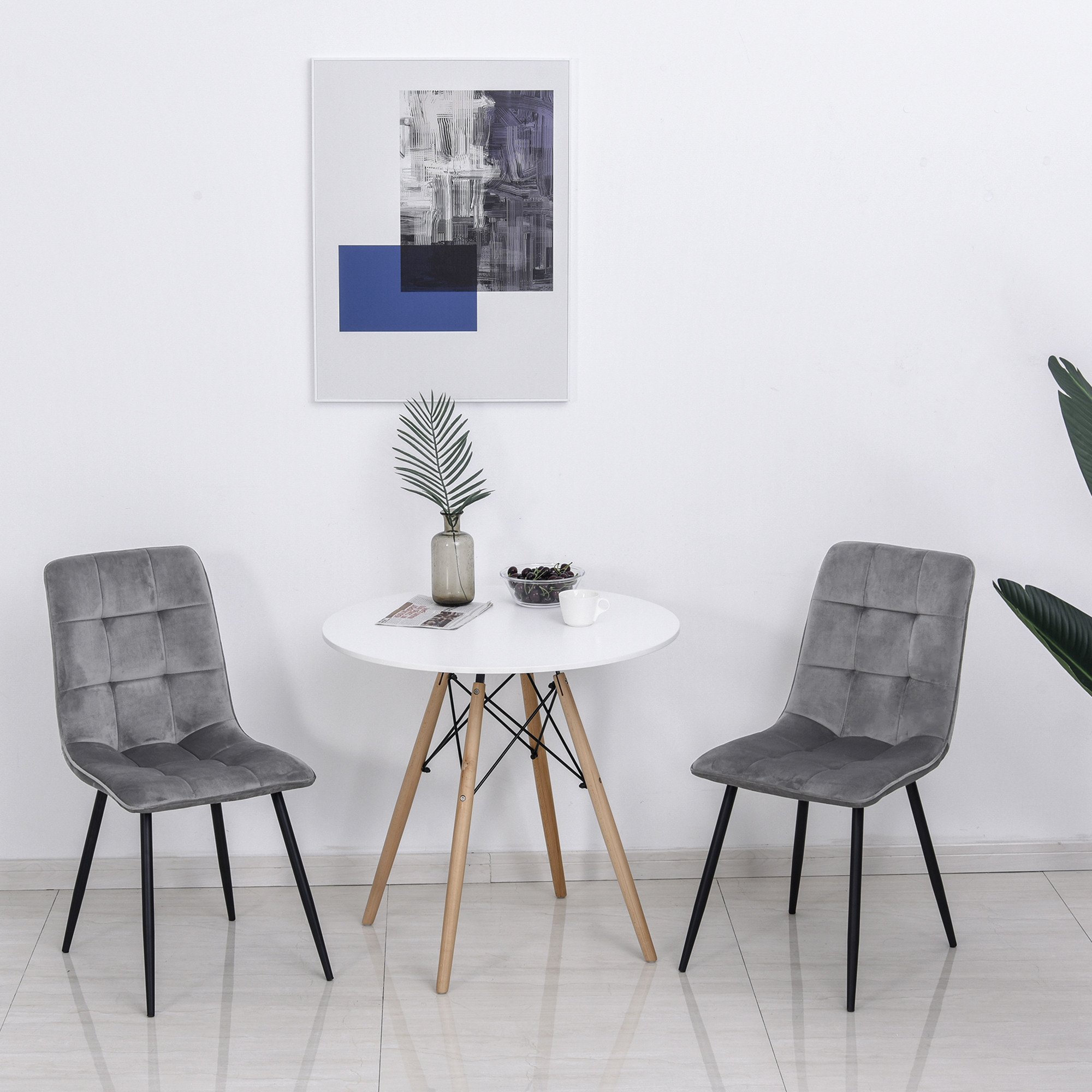 2er-Set Esszimmerstuhl Polsterstuhl Küchenstuhl mit Samt-Optik Esstisch Samt Metall Grau+Schwarz 45 x 63 x 90 cm