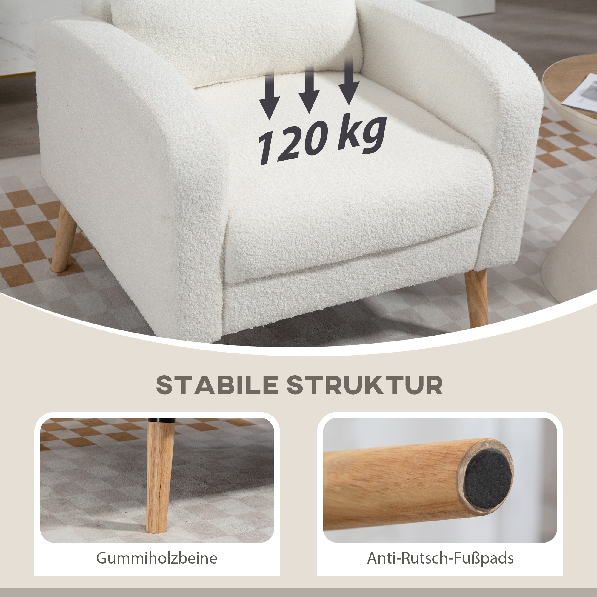 Moderner Armlehnstuhl, Polstersessel mit Kautschukholzbeinen, Lendenkissen, für Wohnzimmer, Schlafzimmer, Büro, Weiß