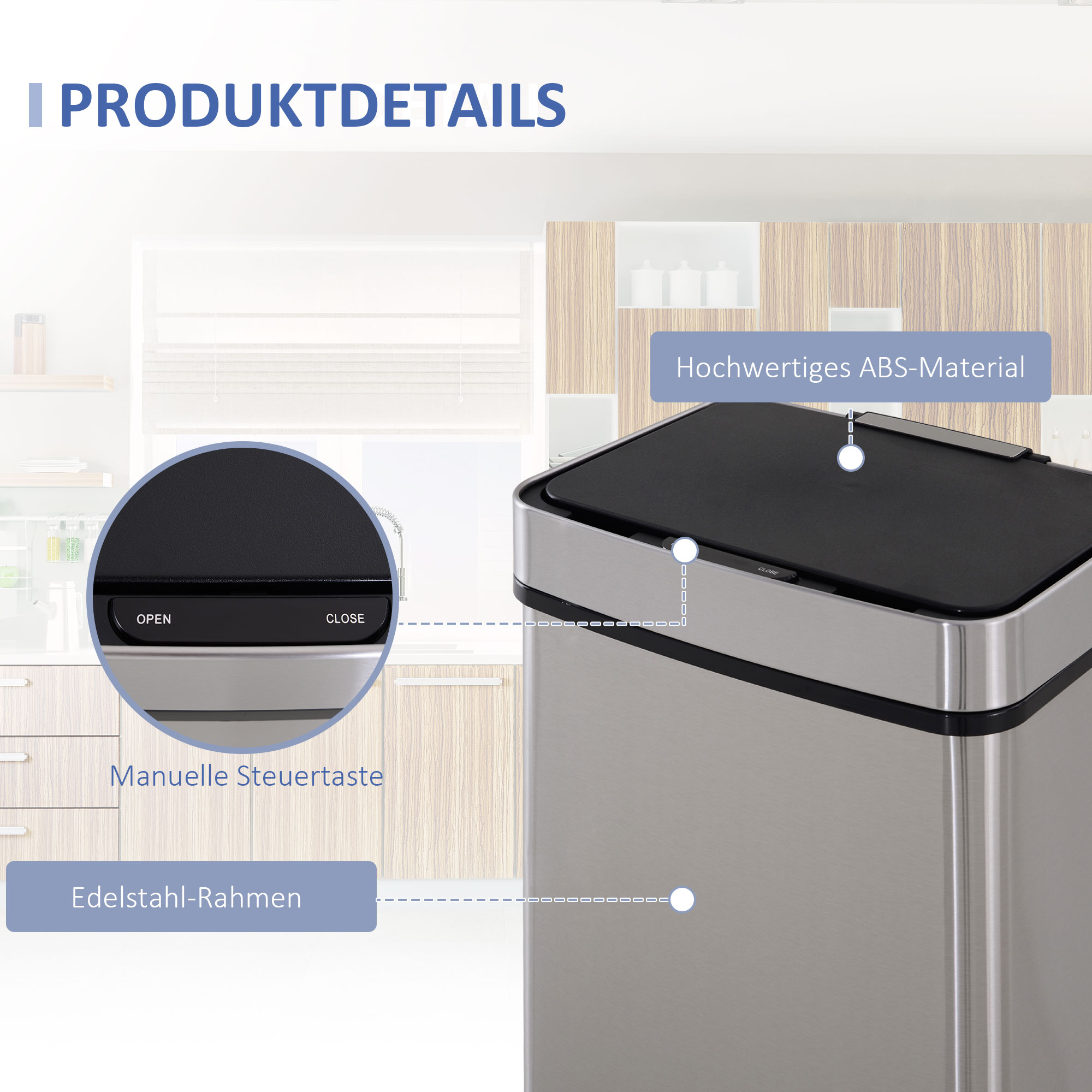 Mülleimer mit Sensor 47L + 2 x 12,5L Automatischer Abfalleimer mit Bewegungssensor, Wasserdichtes Mülltrennsystem aus Edelstahl für Küche Silber