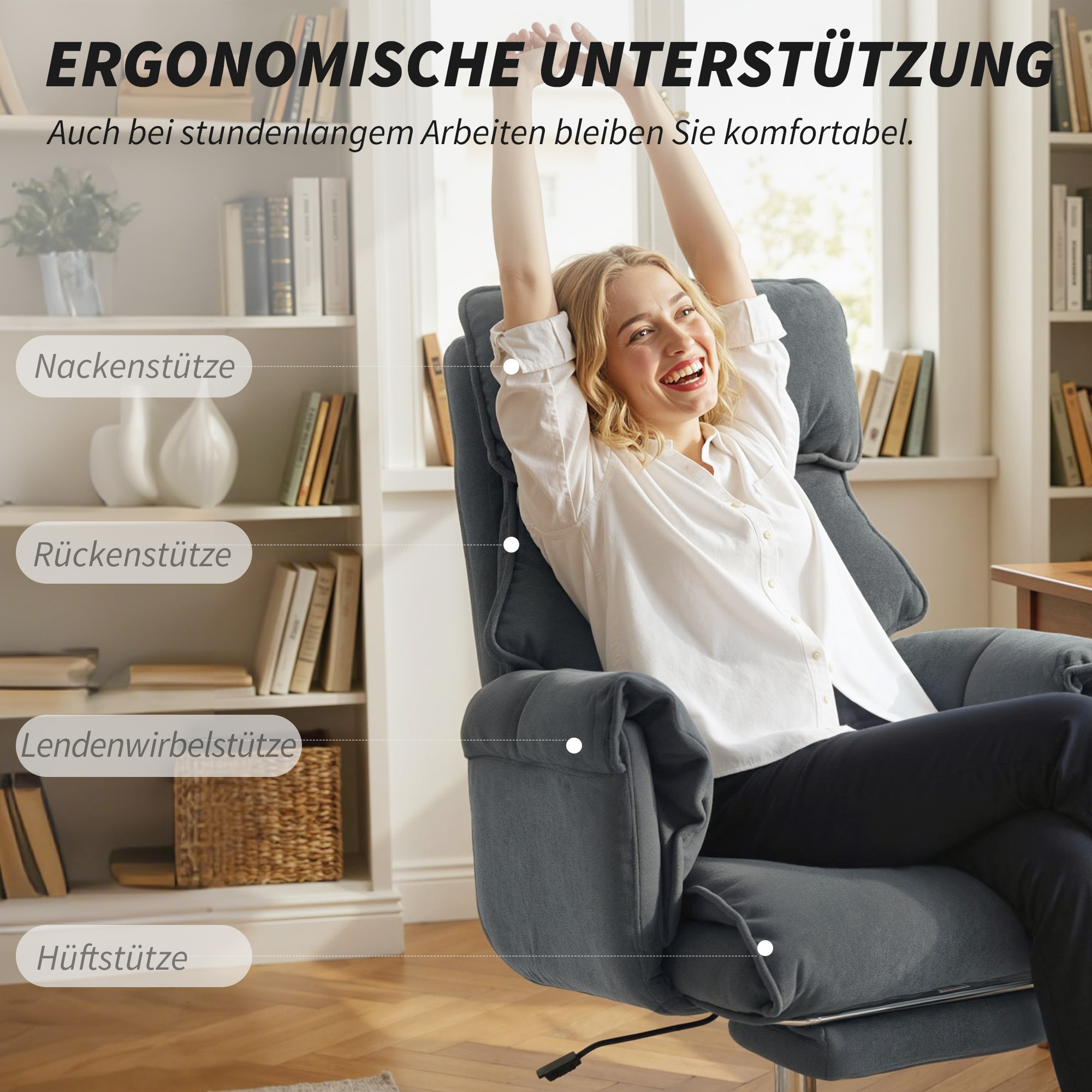 Bürostuhl Höhenverstellbarer Drehstuhl mit Lendenwirbelstütze, Fußstütze, Schneeflanell, 80 x 80 x 106-114 cm Dunkelgrau