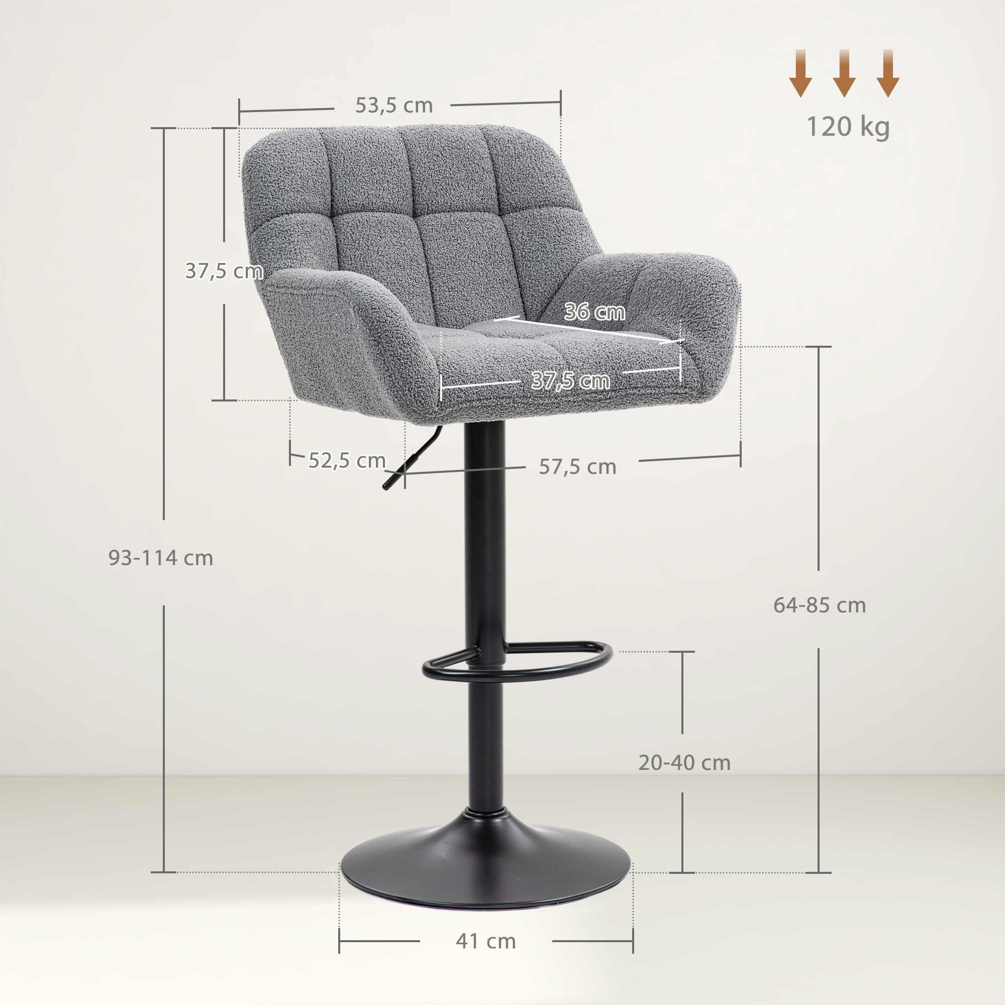 Barhocker 2er-Set Retro-Design höhenverstellbar Fleece-Optik Grau + Schwarz