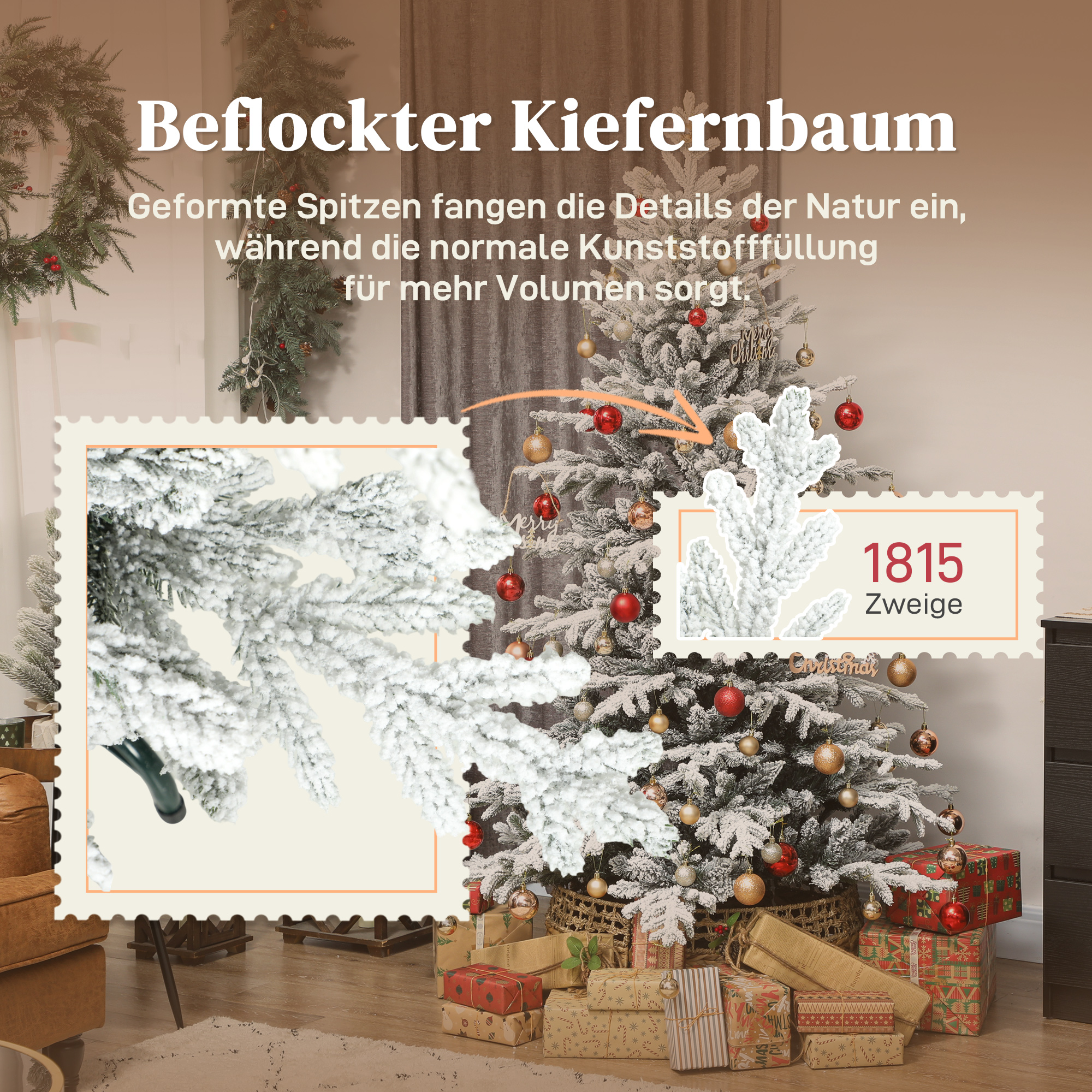 Künstlicher Weihnachtsbaum, 180cm Christbaum mit Schnee, 1815 Zweigen, klappbarem Metallständer