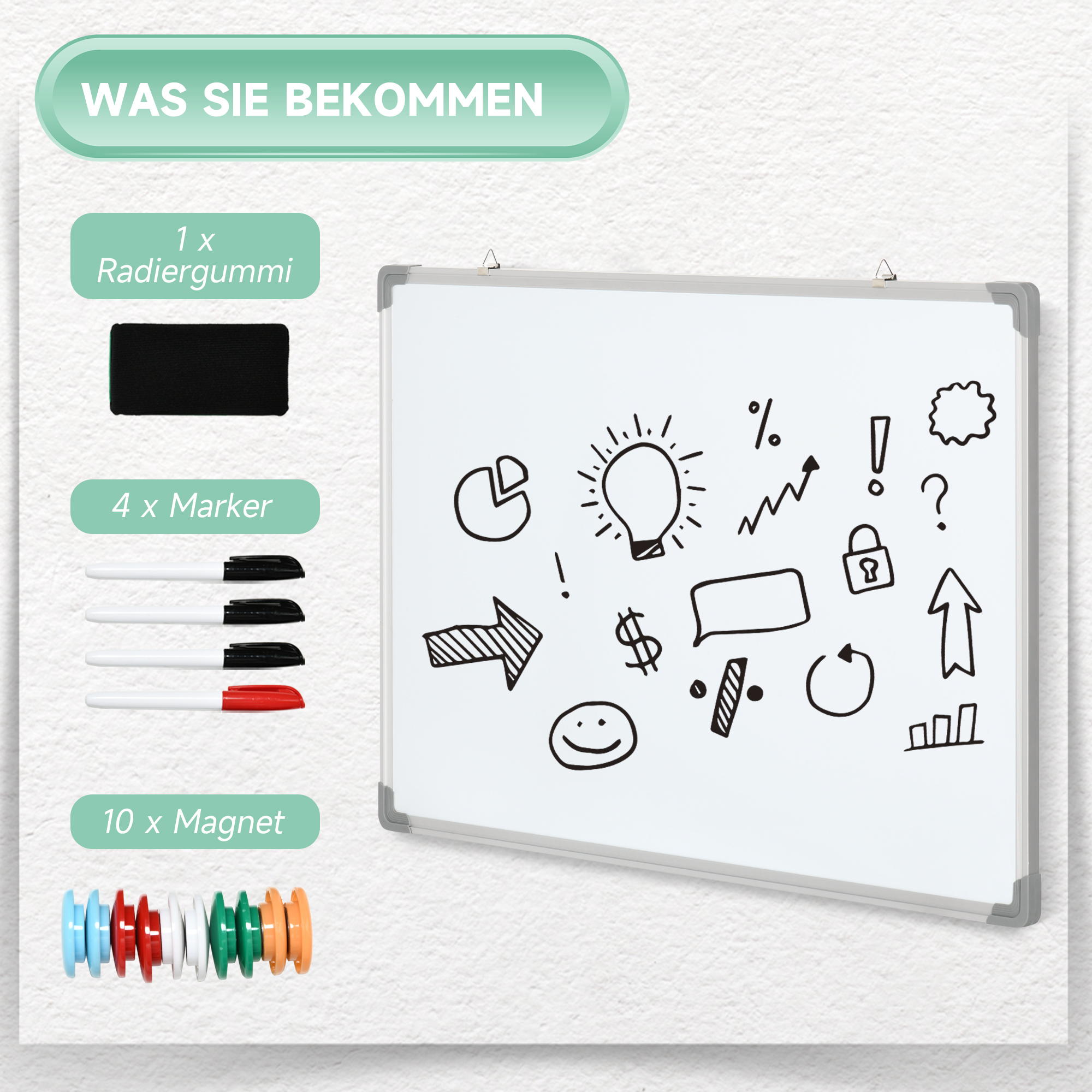 Whiteboard, Magnettafel, Notiztafel, inklusive Zubehör, 4 Stifte, 1 Schwamm, 10 Magnete, Weiß + Silber