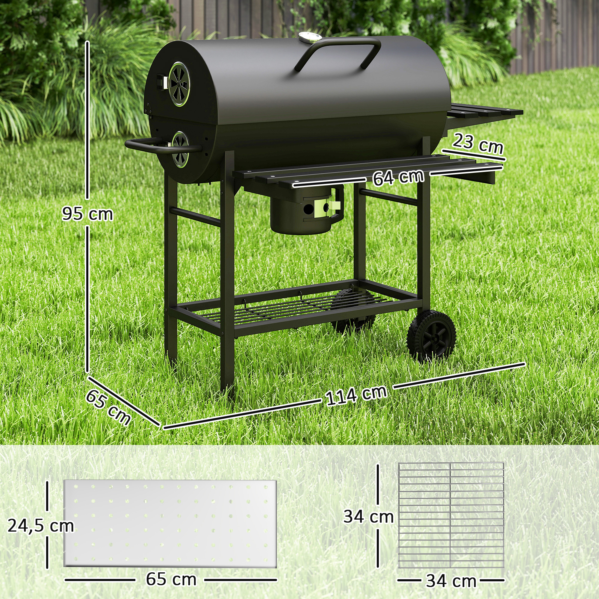 Holzkohlegrill aus Stahl BBQ Smoker mit Deckel Griffe Thermometer Räder fahrbar 114 x 65 x 95 cm