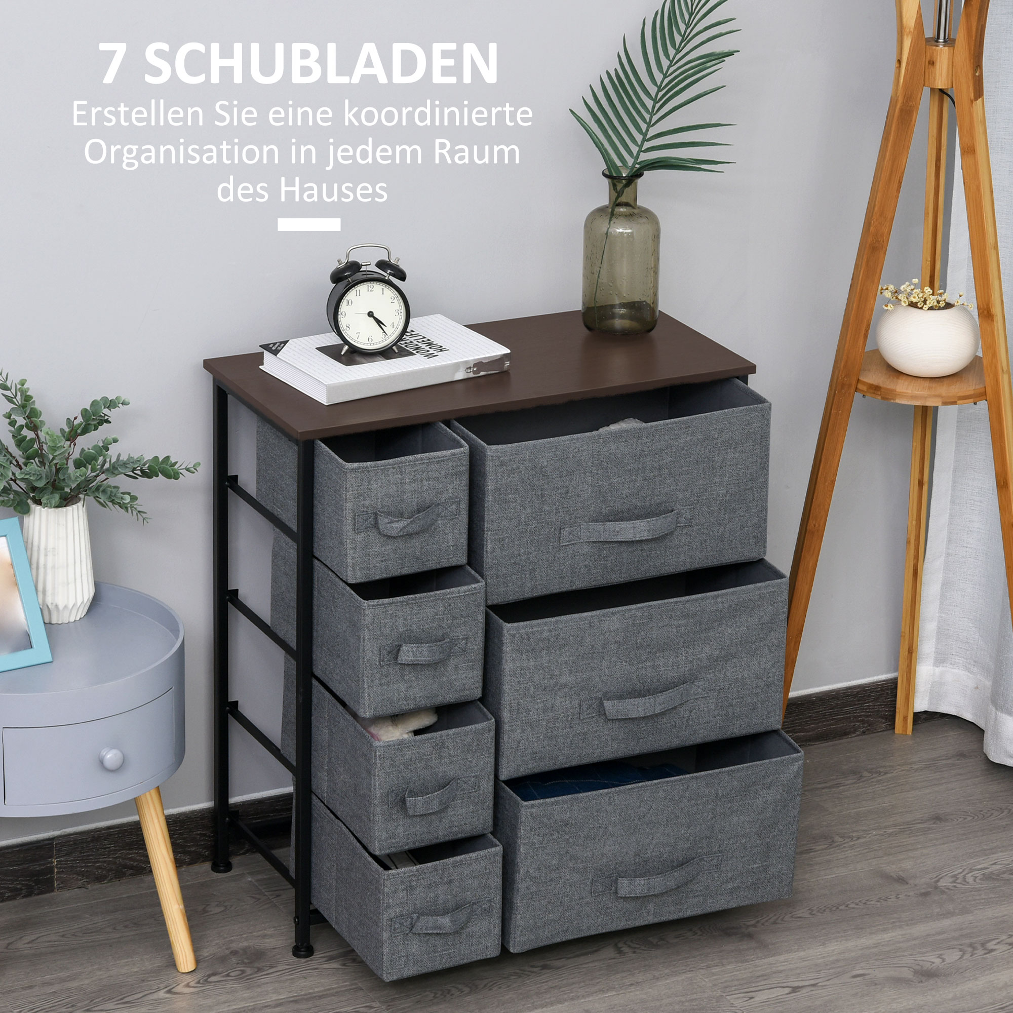 Kommode mit 7 faltbaren Stoffschubladen, Vlies, Metallgestell, 63,5 x 30 x 71 cm, Dunkelgrau