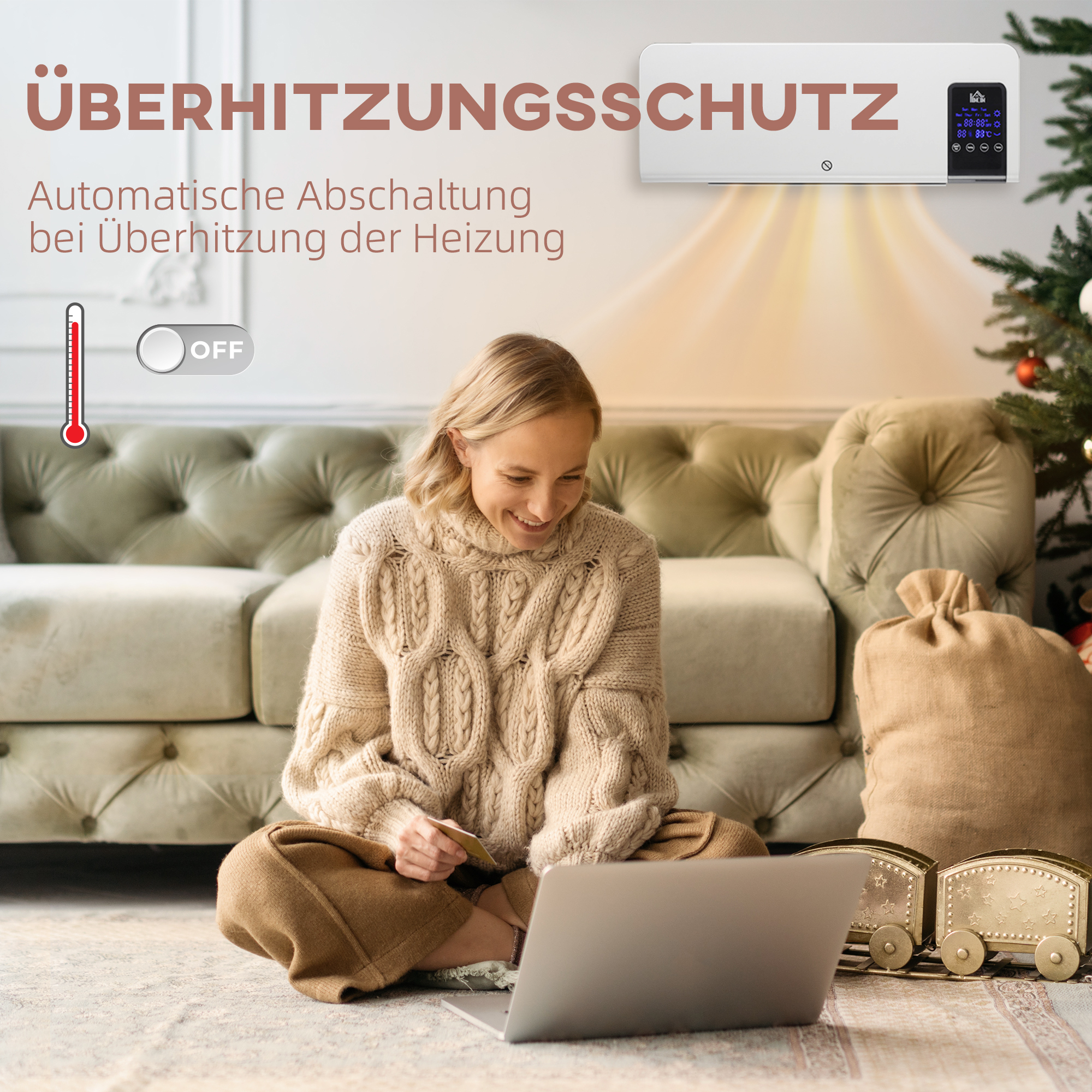 Elektro-Heizung, Wandmontage, Schwingfunktion, 2 Modi, Timer, LED-Anzeige, Weiß