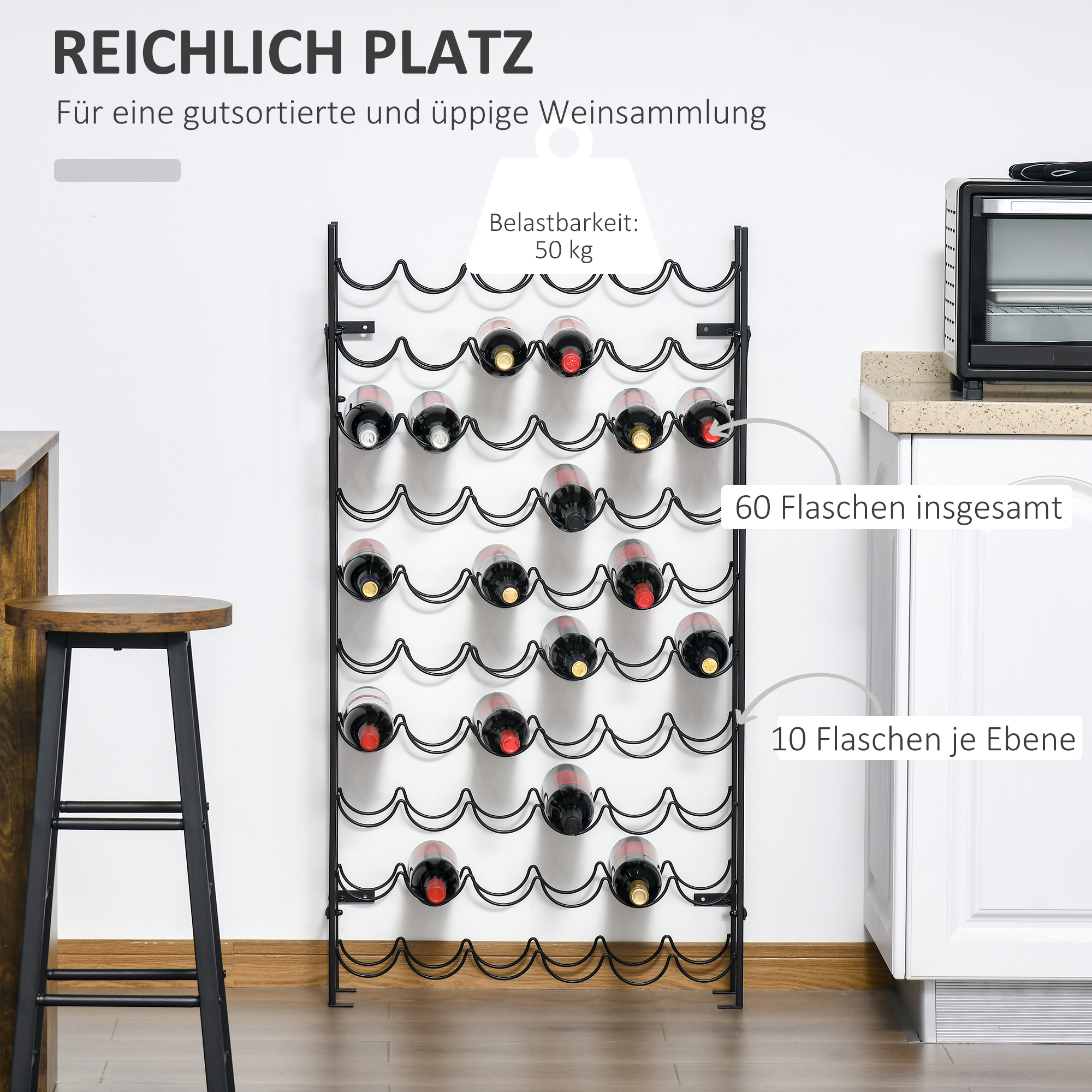 Weinregal Weinständer Flaschenregal 60 Flaschen Wandbefestigung Metall Schwarz
