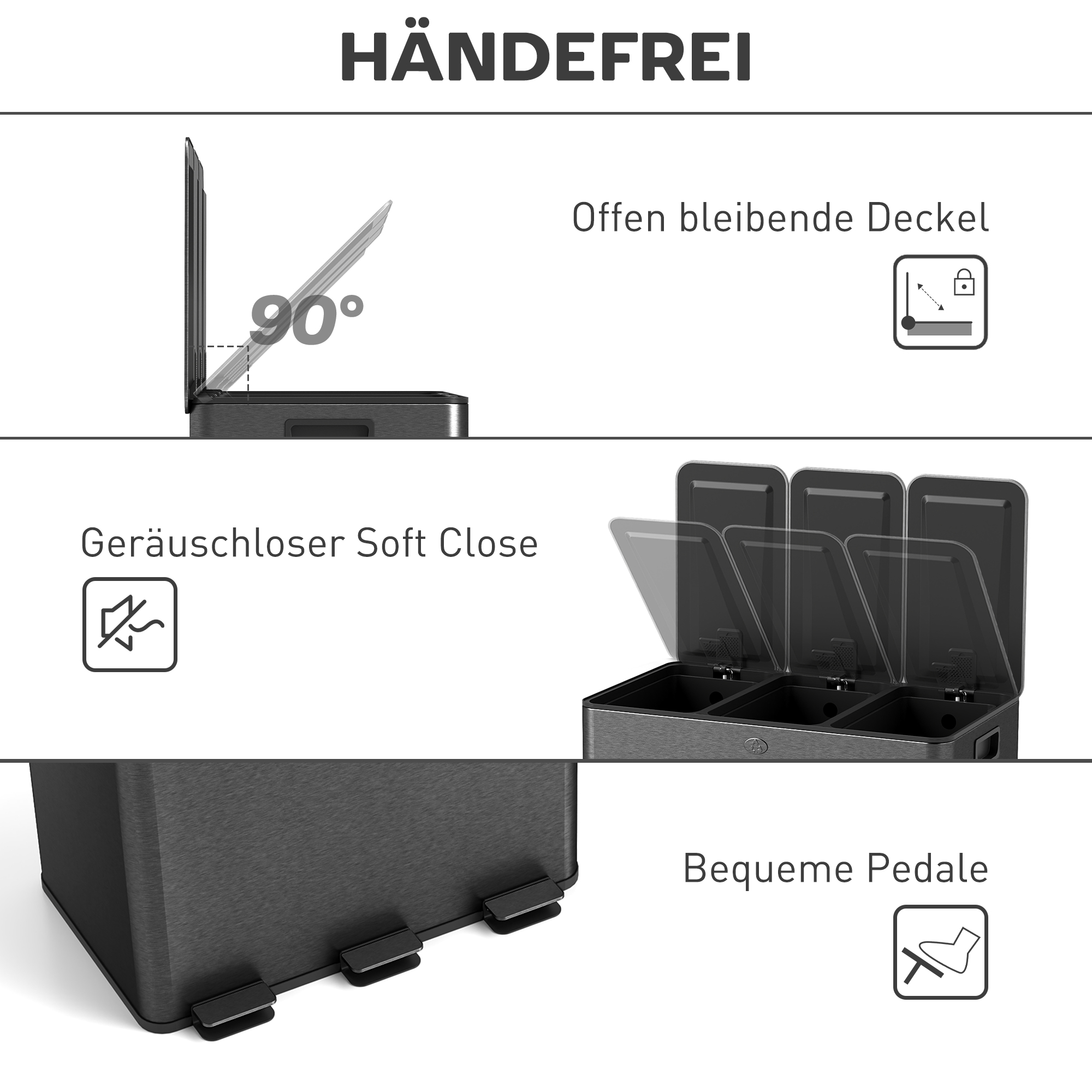 Mülleimer mit 3 x 20 L Fächern, Deodorant-Deckel, fingerabdrucksicher, Soft-Close, herausnehmbar, Schwarz