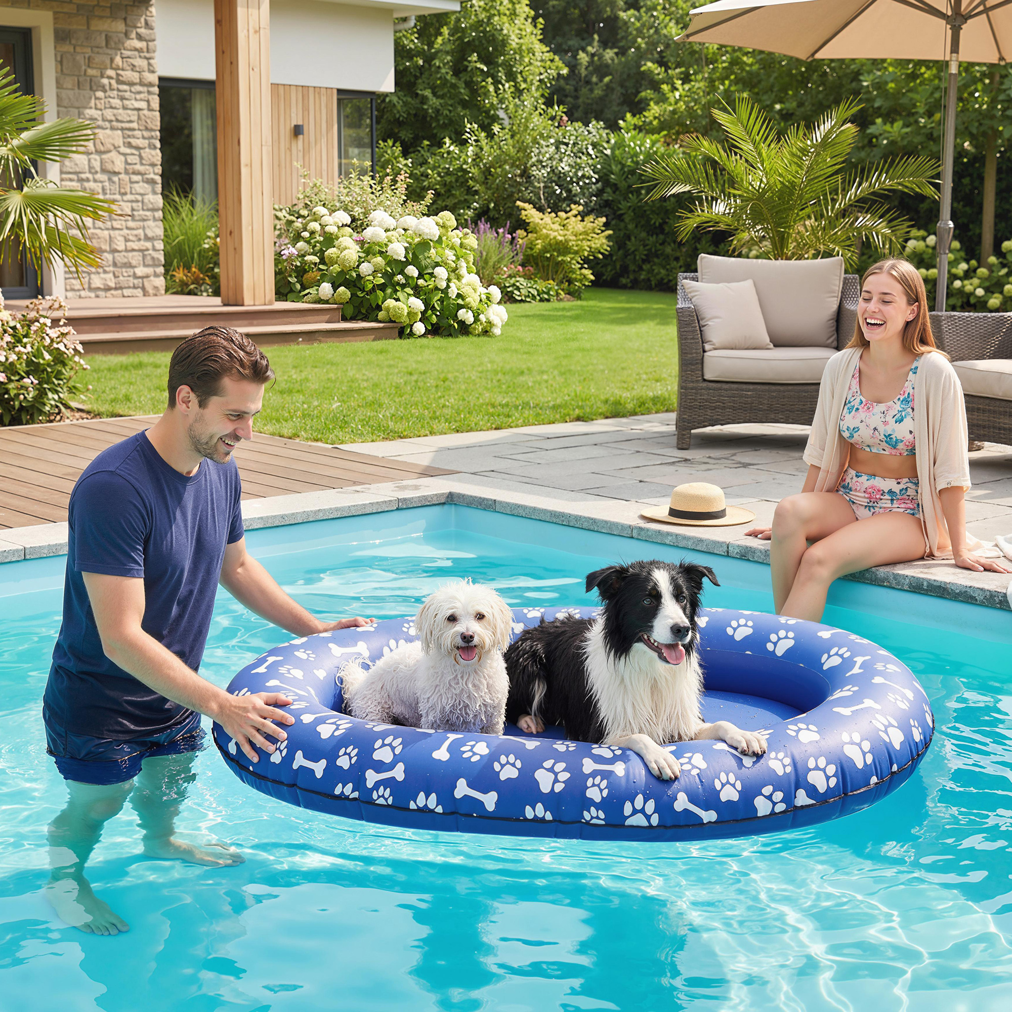 Aufblasbares Schlauchboot Hunde Faltbare Schwimmende Wassermatte Hund mit Griff für Hunde bis 40kg 155x104x25cm Blau