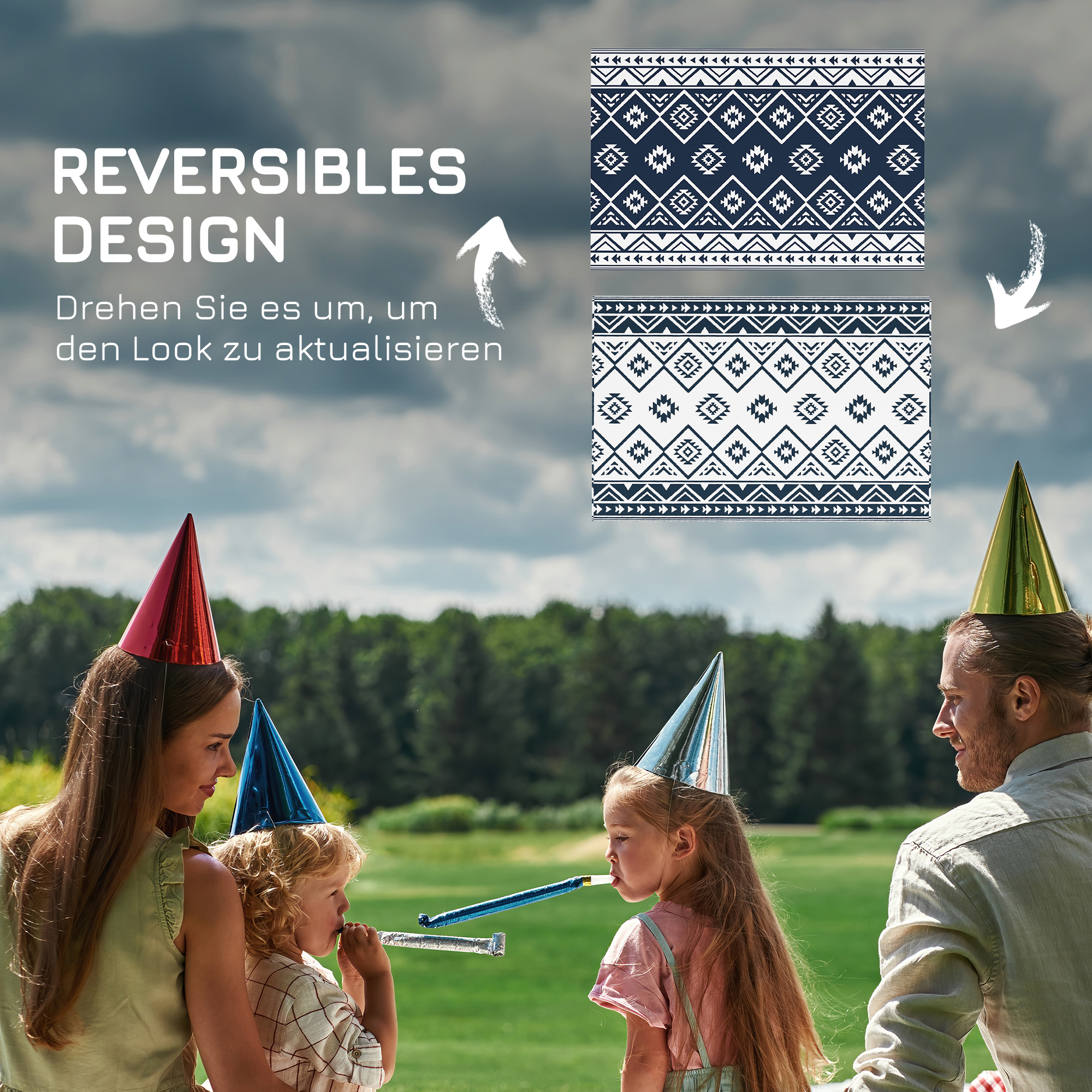 Outdoorteppich Terrassenteppich, wetterbeständig, modernes Design, 182 cm x 274 cm x 0,3 cm, Schwarz + Weiß