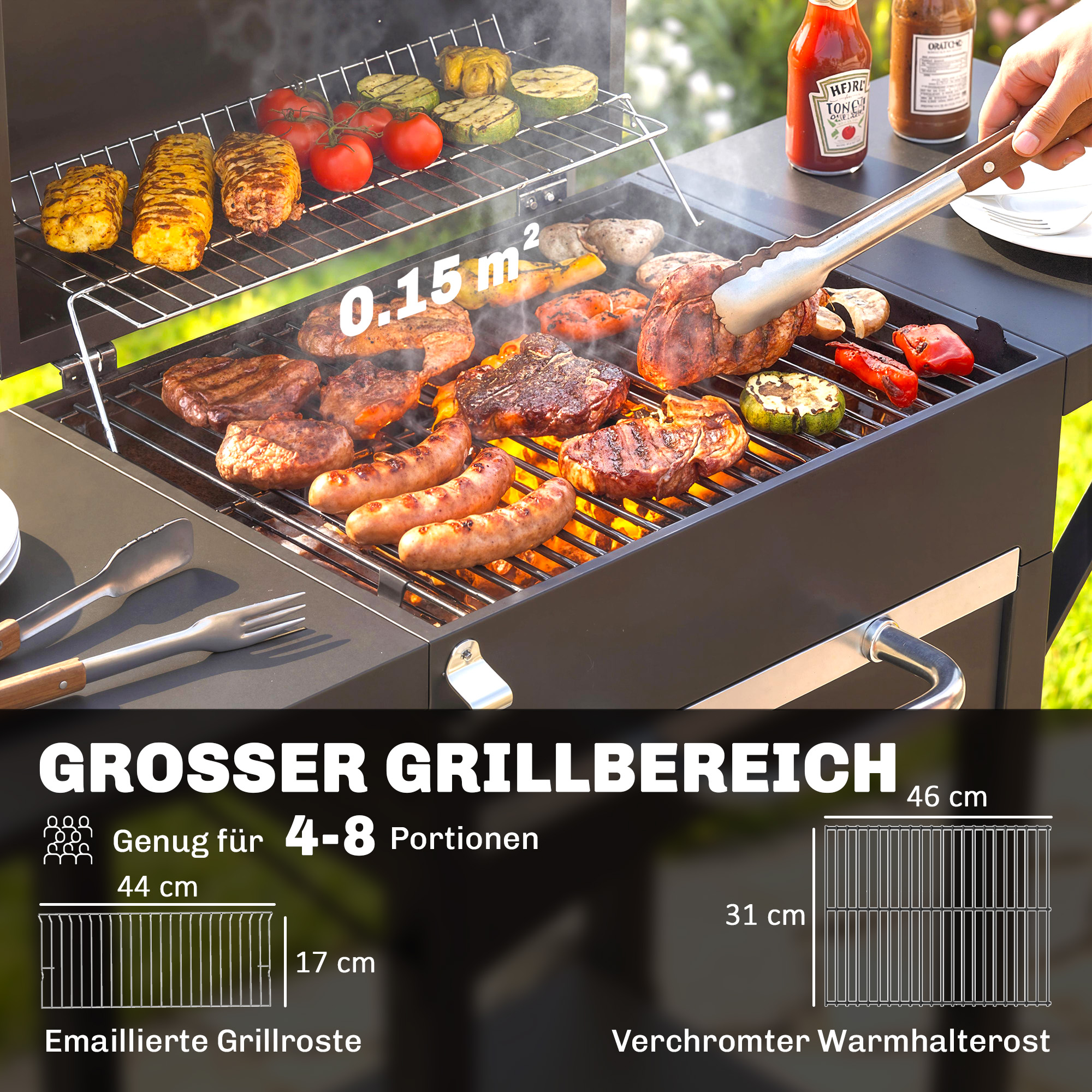 Holzkohlegrill mit Deckel, BBQ Smoker Grill mit 2 Seitentischen Große Grillfläche Grillrost Thermometer Räder