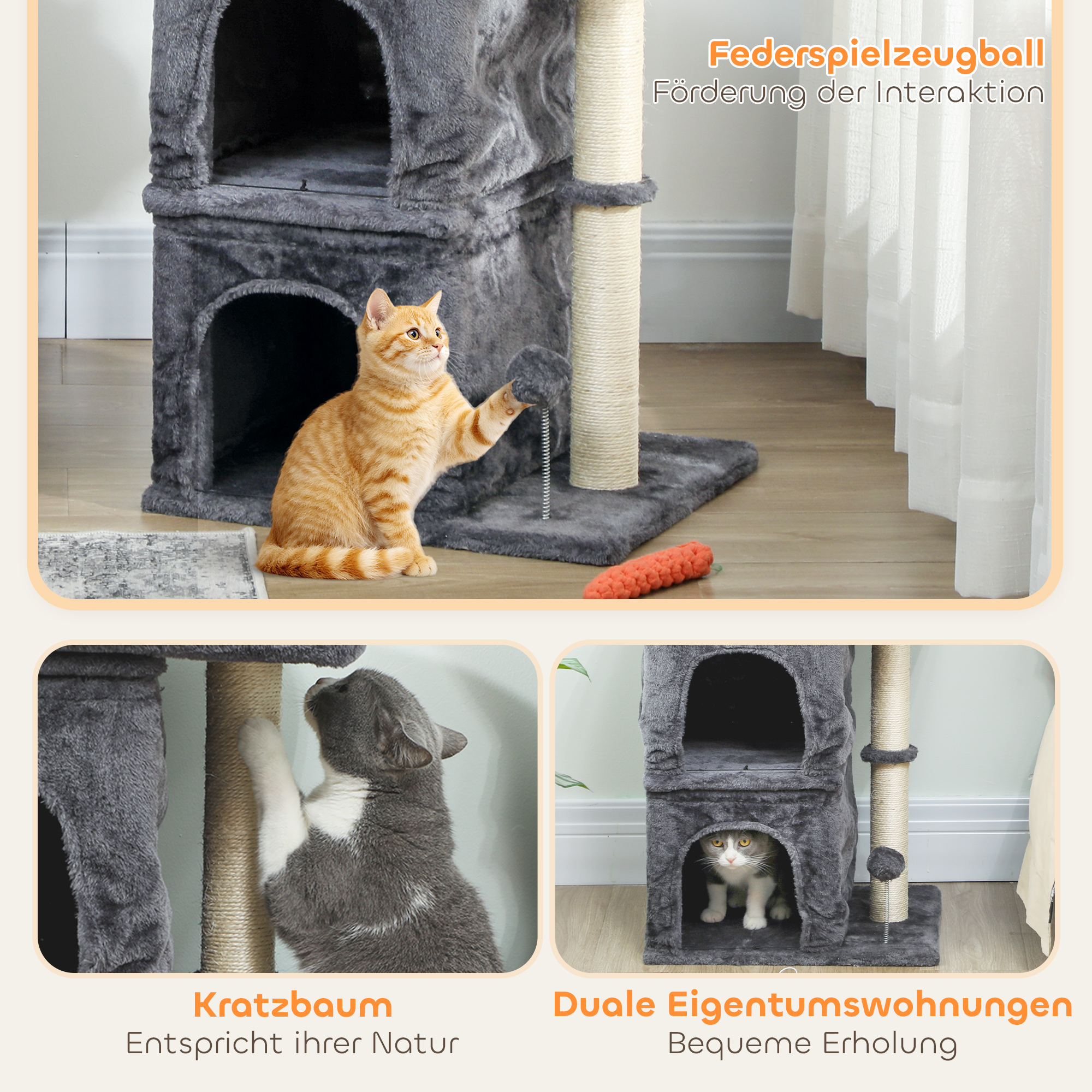 Katzenkratzbaum, Katzenturm, 2 Höhlen, Plattform, Sisalpfosten, kompakt, Dunkelgrau