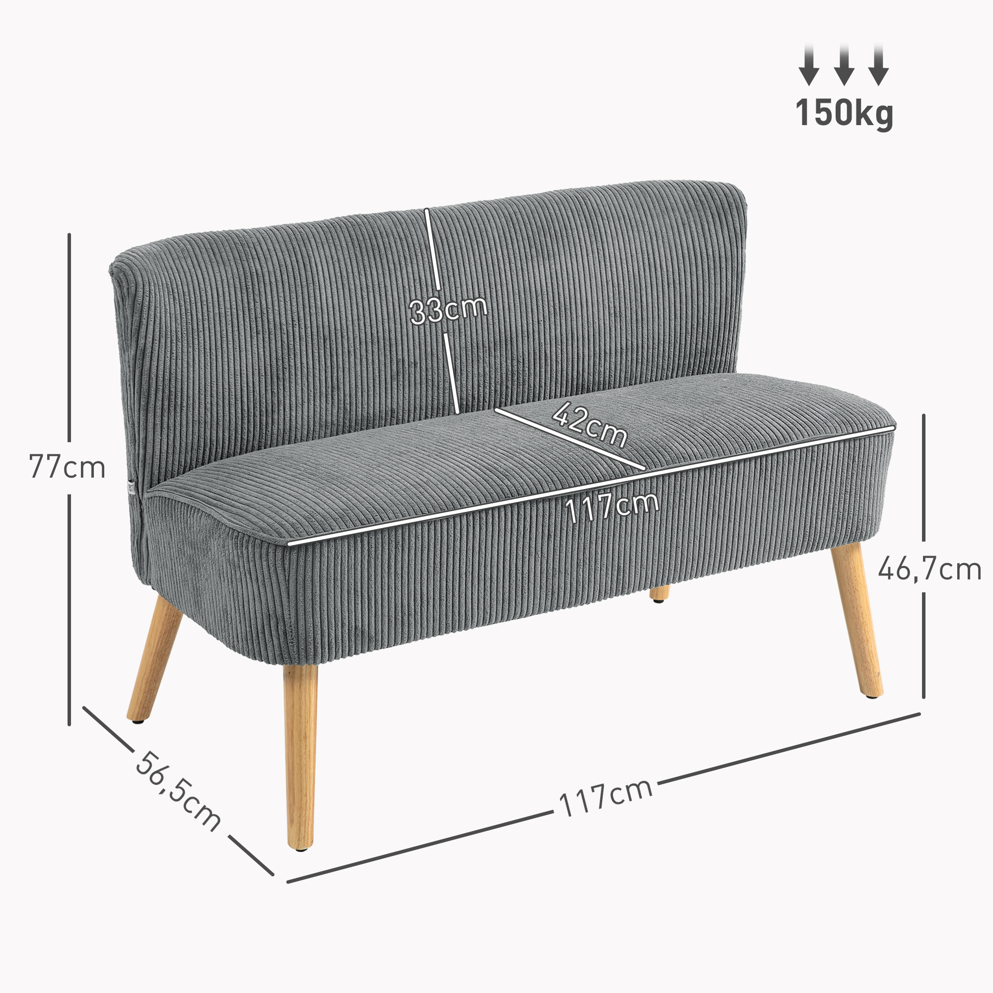 2-Sitzer Polstersofa, Holz, Samtartiges Polyester, Schaumstoff, 117 x 56,5 x 77 cm, Grau