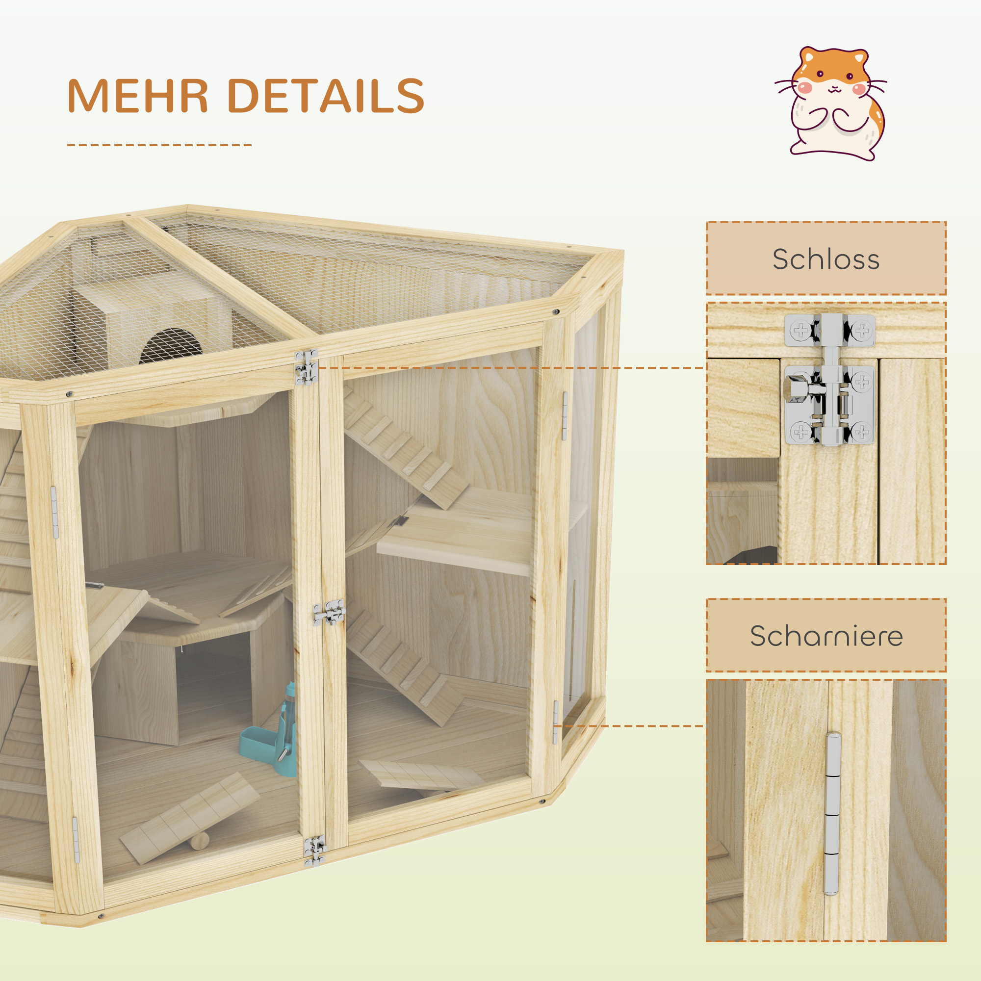 Hamsterkäfig, 4-Ebenen-Design, mit Fütterungsstation, Wippe, Rampe, Hütten, 115 x 69,5 x 79 cm, Holz