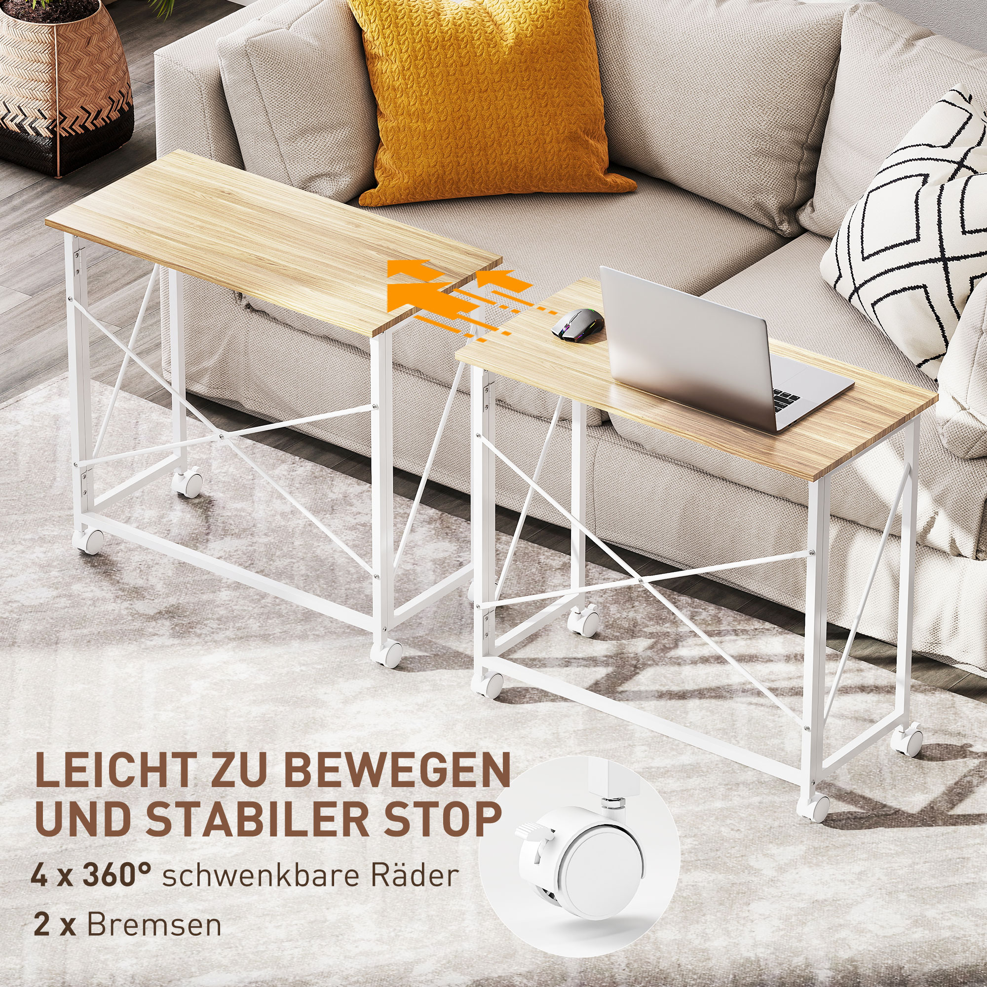 Klappbarer Schreibtisch mit Rädern, platzsparend, Stahl, MDF, Natur