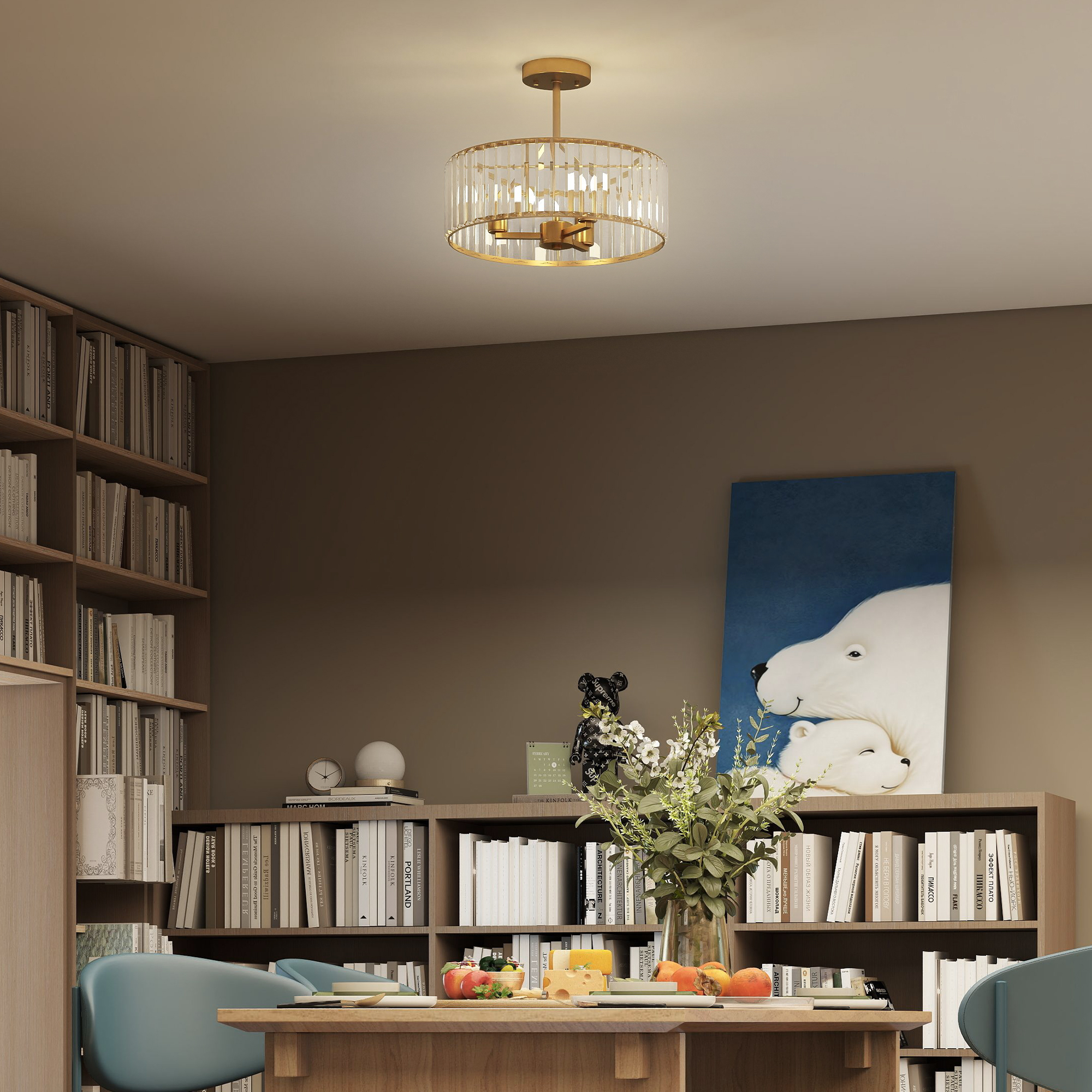 Deckenlampe, Kronleuchter-Design, Kristallschirm, 3 Glühbirnen, Metall, Goldfarben