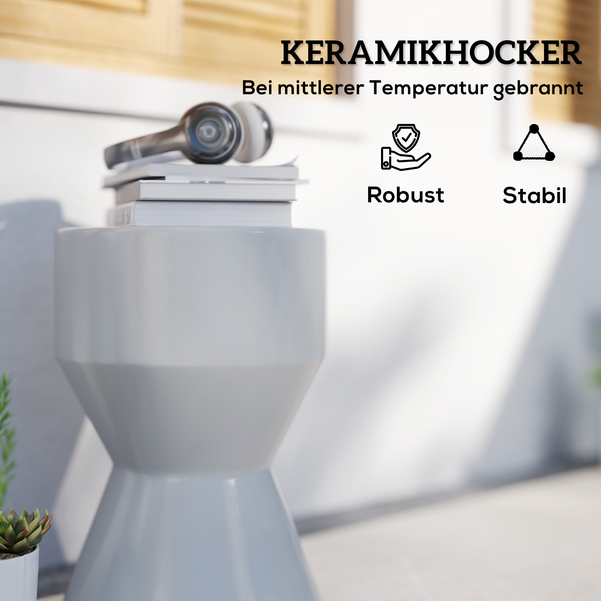 Sitzhocker aus Keramik 120kg belastbar Ø33 x 45,5 cm Wetterfest Garten Hocker in Sanduhrform Hellgrau