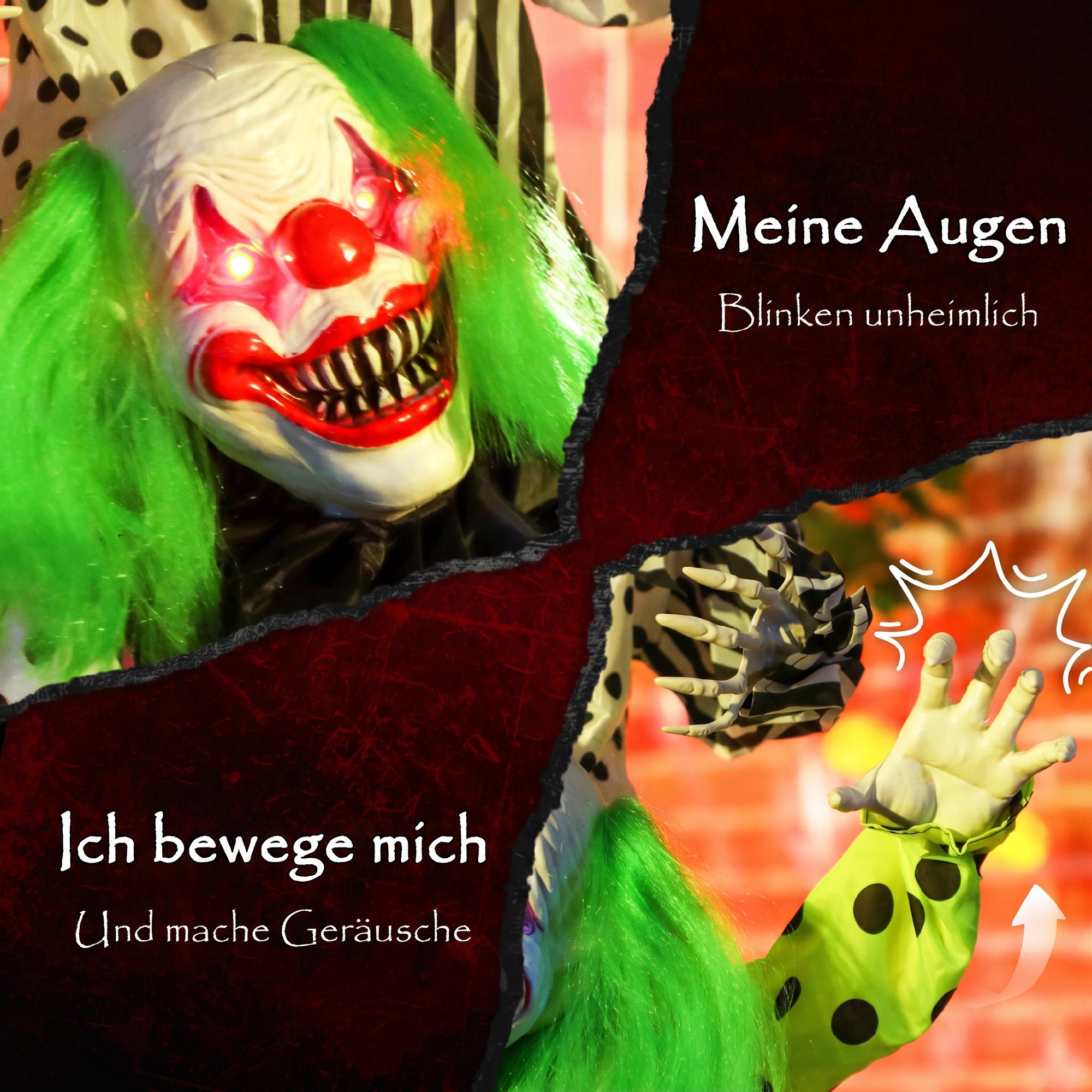 stapelbare Halloween-Animatronics-Clowns mit roten leuchtenden Augen für Indoor-Party-Requisiten