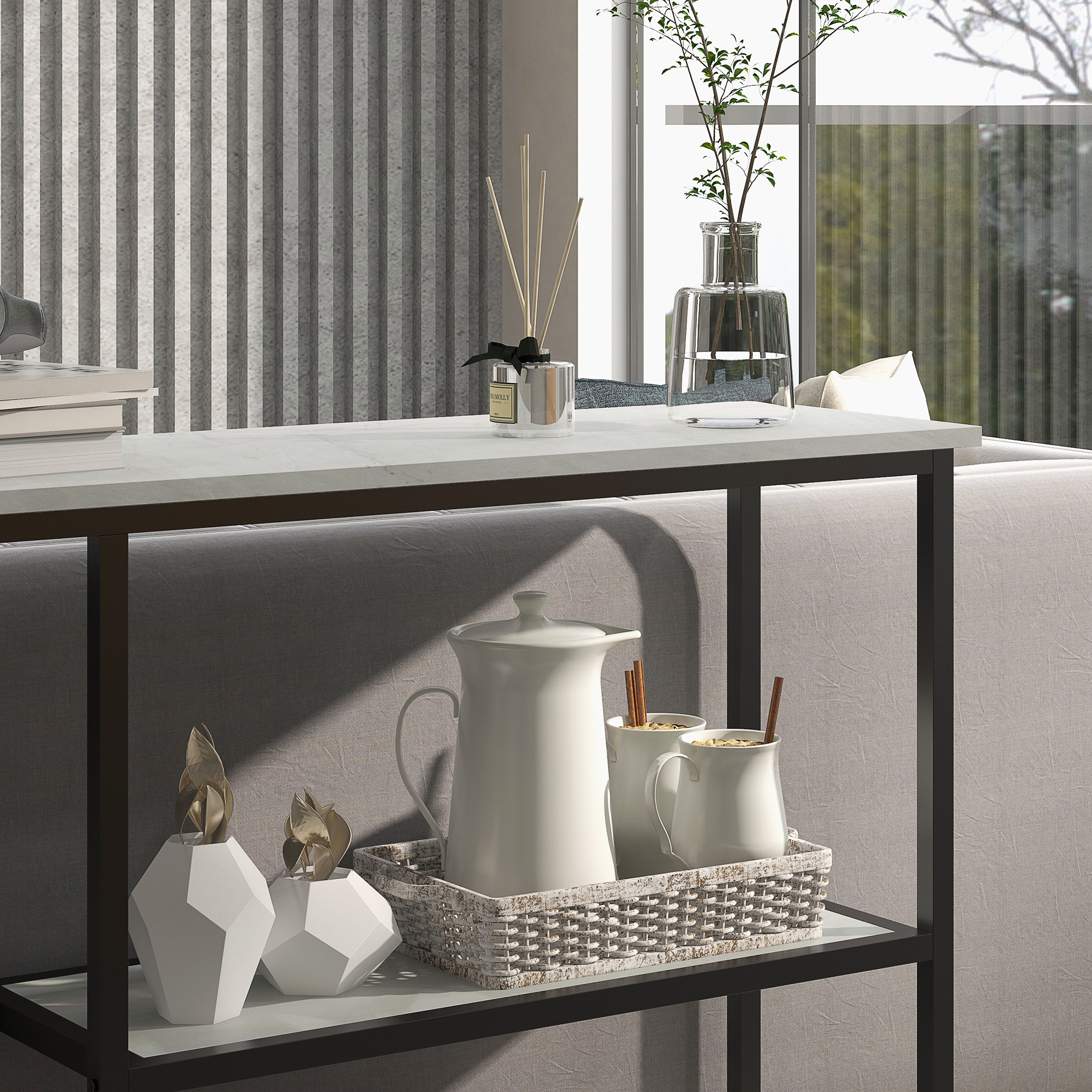 Konsolentisch im Industriedesign, 2 Regale, Marmor-Optik, Schwarz + Weiß