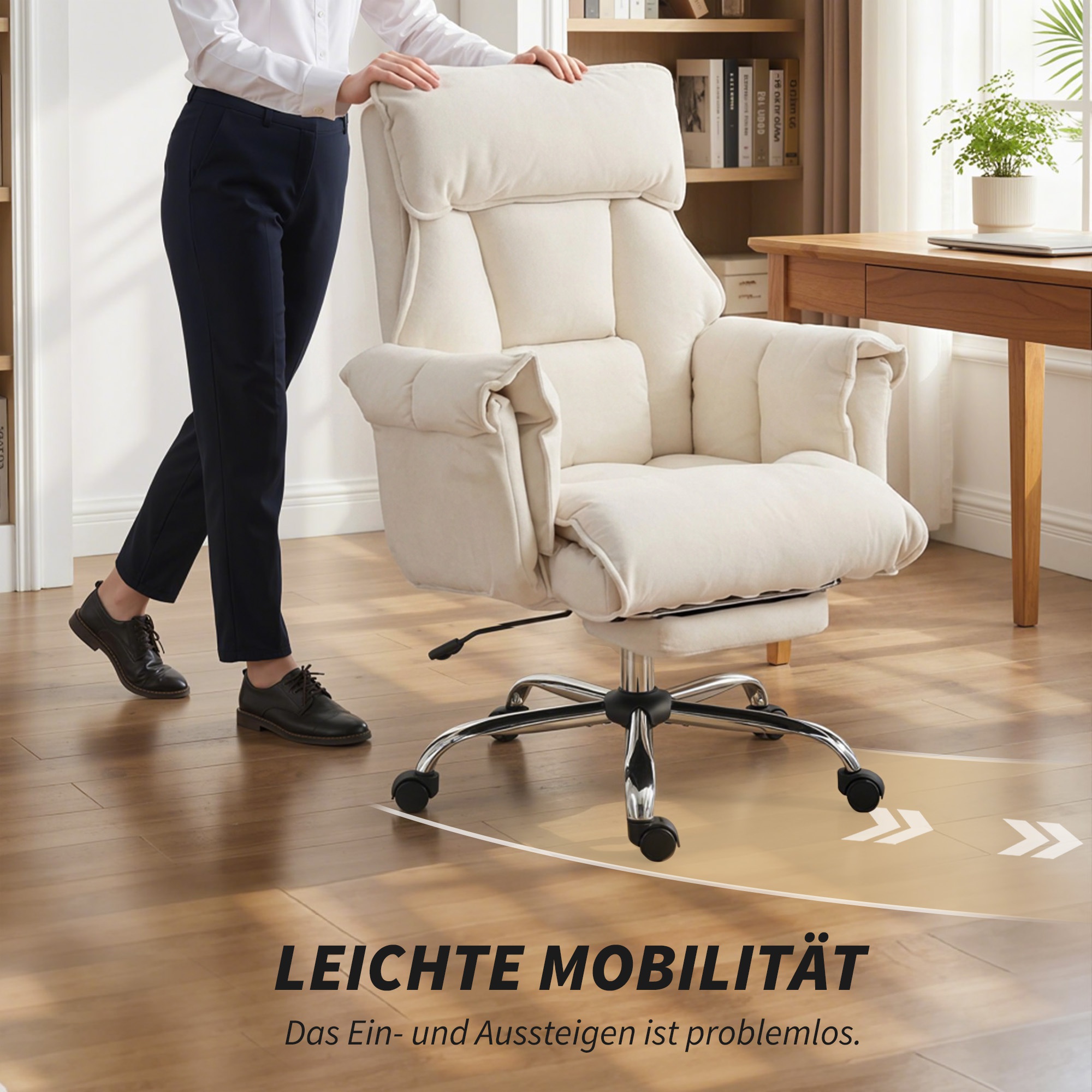 Bürostuhl Höhenverstellbarer Drehstuhl mit Lendenwirbelstütze, Fußstütze, Schneeflanell, 80 x 80 x 106-114 cm Cremeweiß