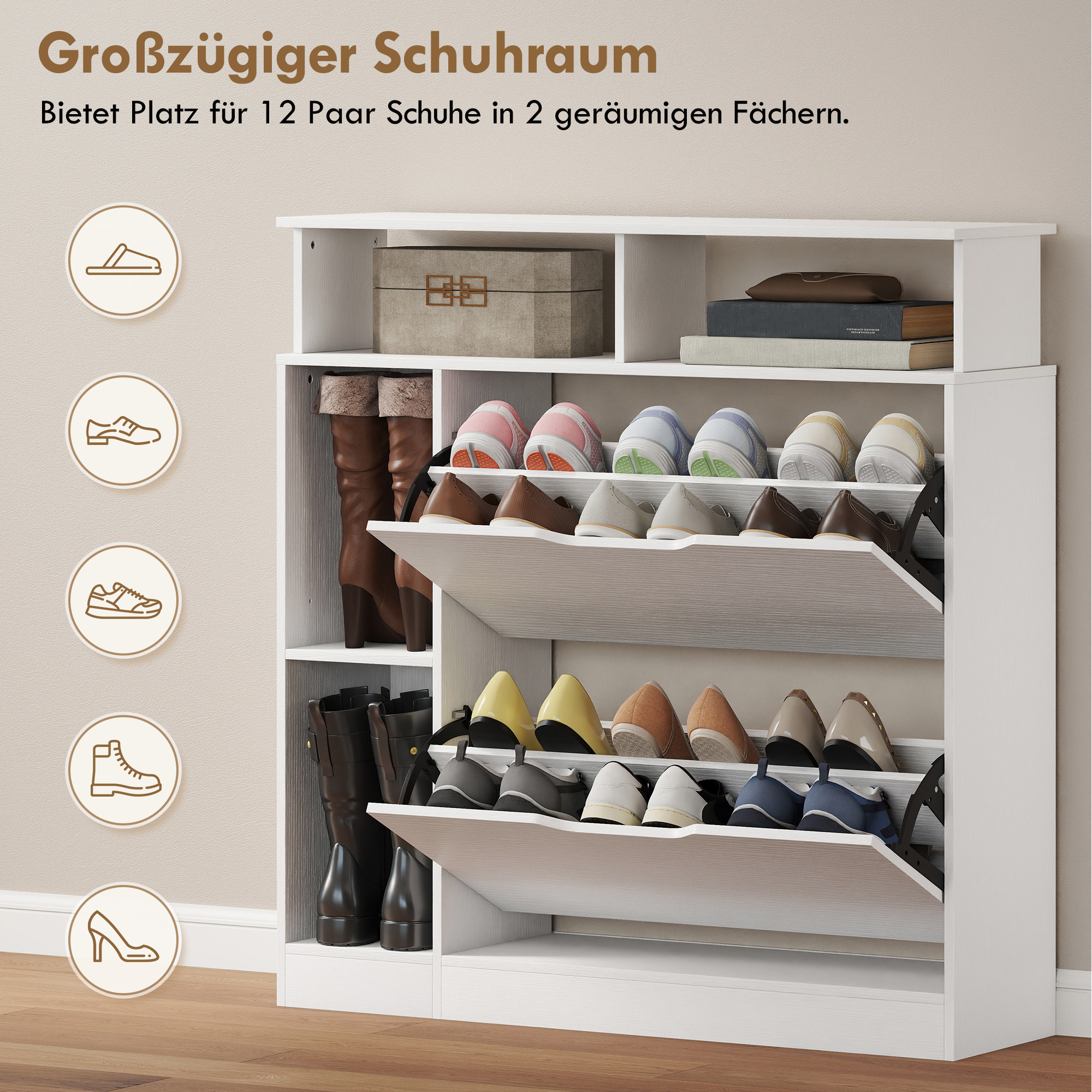Schuhschrank mit 2 Klappen Schuhkipper mit Verstellbar Trennwand, offenem Fach für 12 Paar Schuhe 89 x 25 x 92 cm Weiß