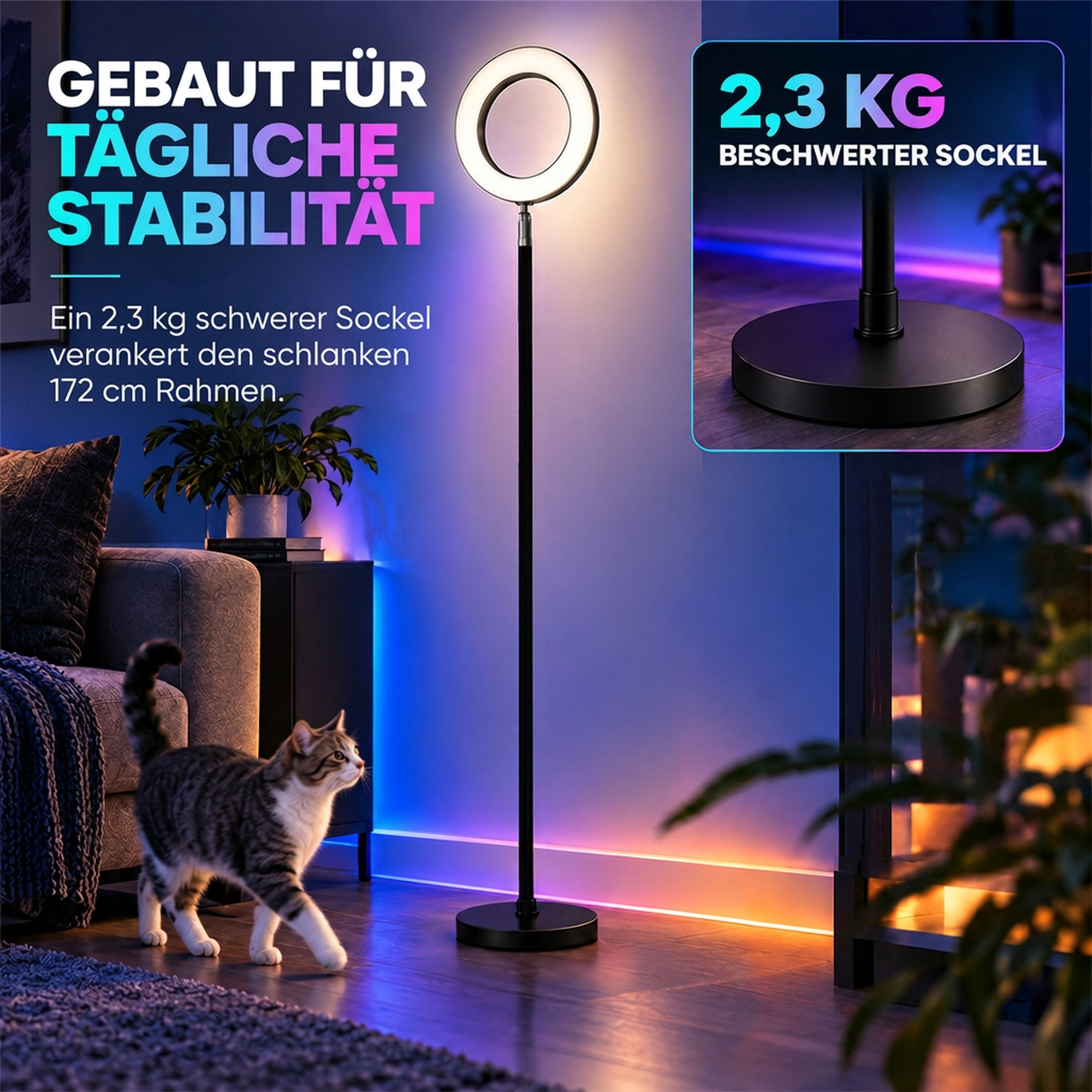 Stehlampe 42W LED dimmbar 3 Farbtemperaturen Deckenfluter verstellbarer Ringkopf Schwarz