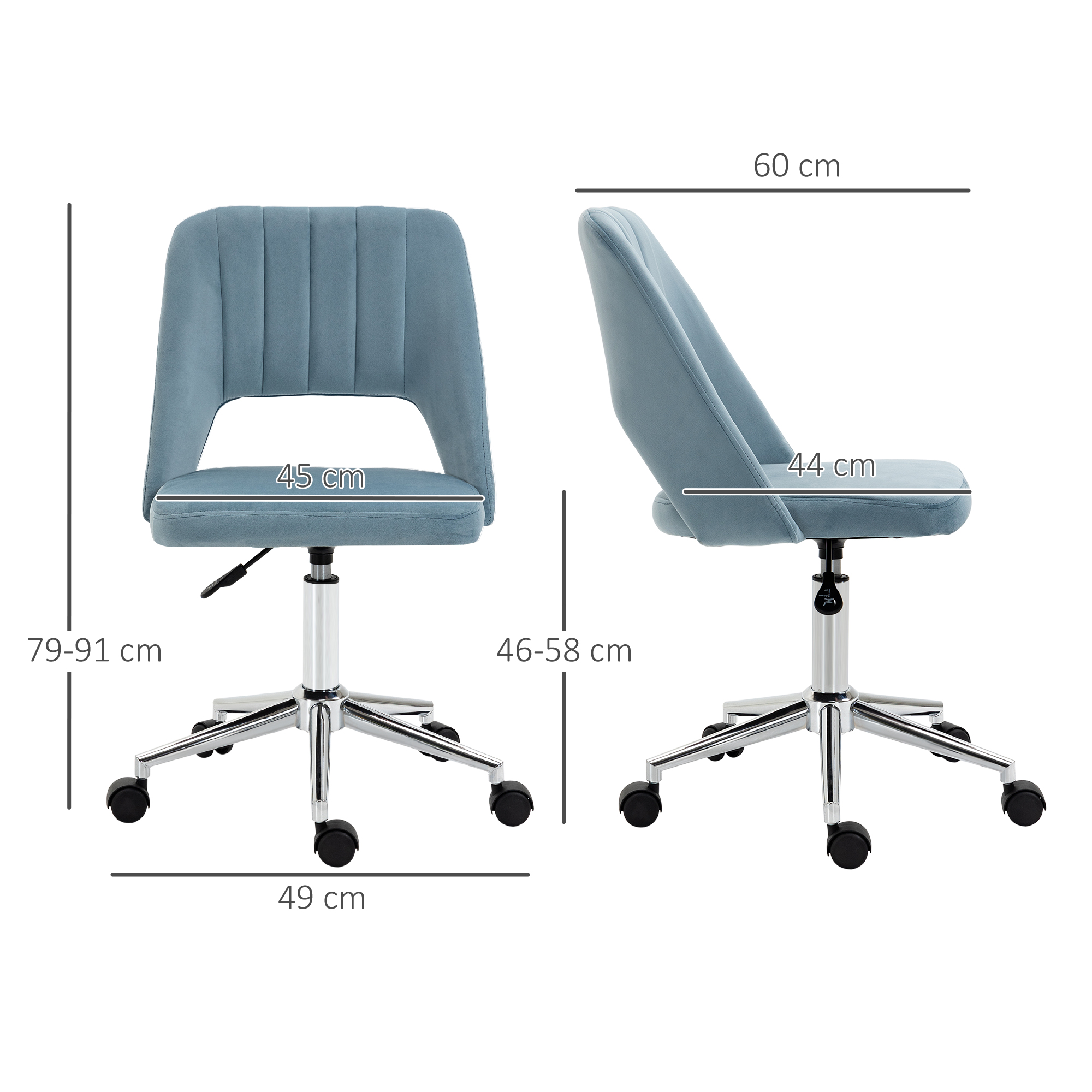 Schreibtischstuhl, Höhenverstellbar Homeoffice Stuhl ohne Armlehne, drehbar Bürostuhl mit Samtoptik, Ergonomisch Schminkstuhl für Schlafzimmer, Arbeitszimmer, Blau