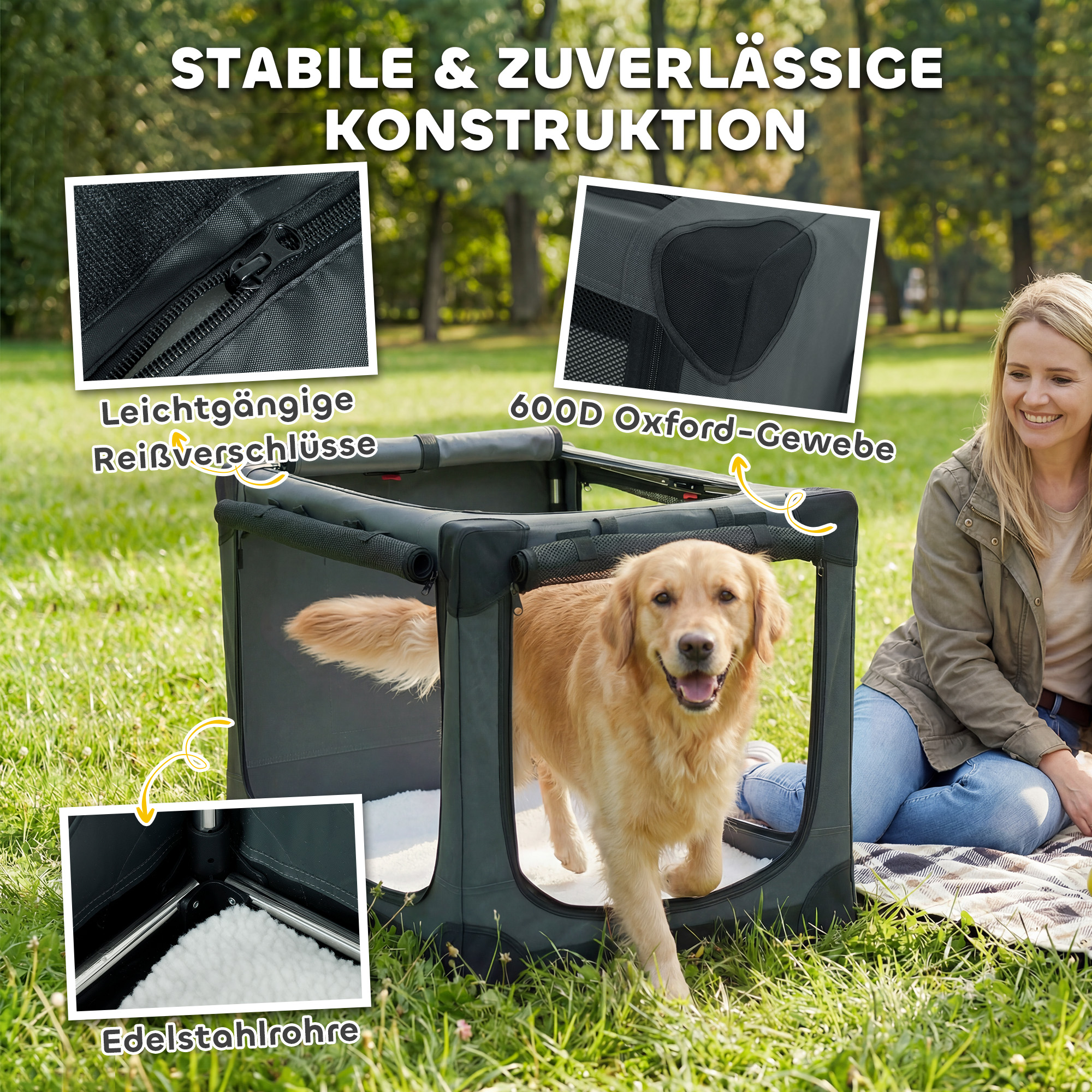 Hundebox faltbar Hundetransportbox mit Kissen abnehmbar waschbar Bezug aus Oxford-Gewebe für Hunde bis 30kg Armeegrün