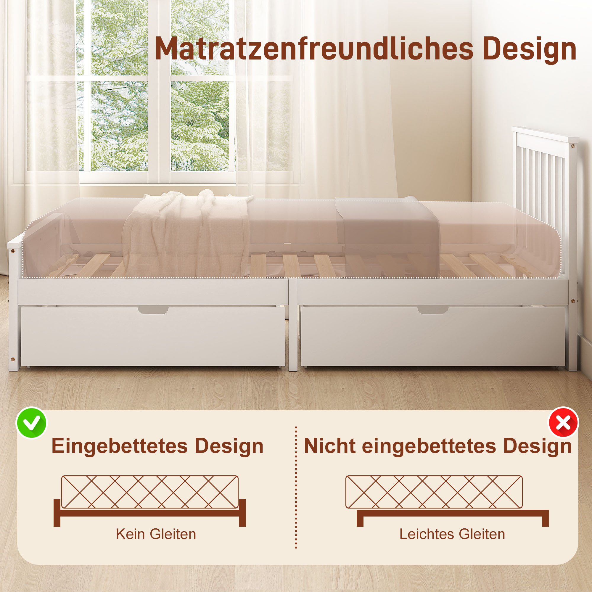 Einzelbettgestell, Bettrahmen aus Holz, Schubladen auf Rädern, kein Lattenrost notwendig, 90 x 200 cm, Weiß