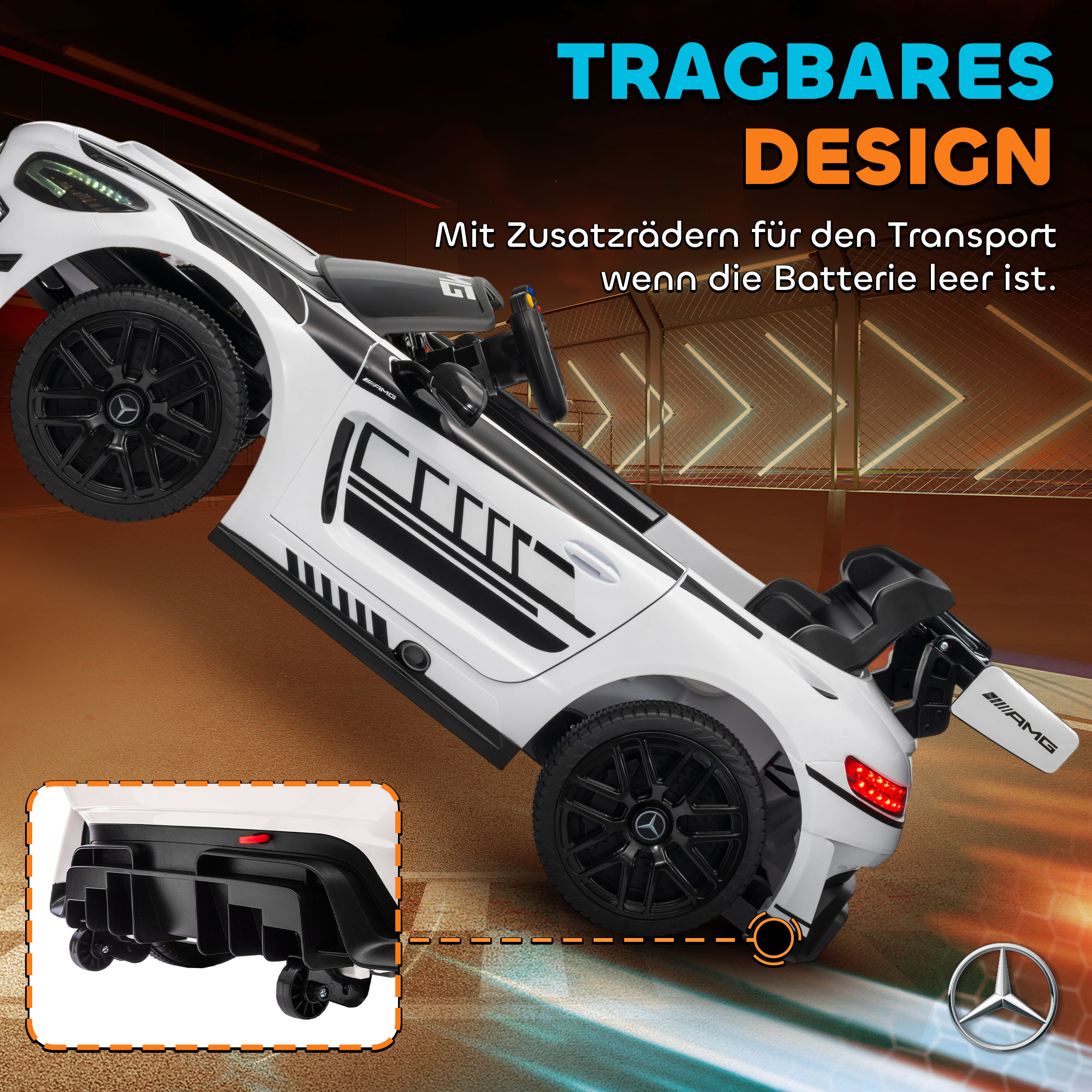 Mercedes-Elektroauto, Aufsitzauto für Kinder, 12V Batterie, LED-Lichter, Musikfunktion, Hupe, 3-8 Jahre, Weiß