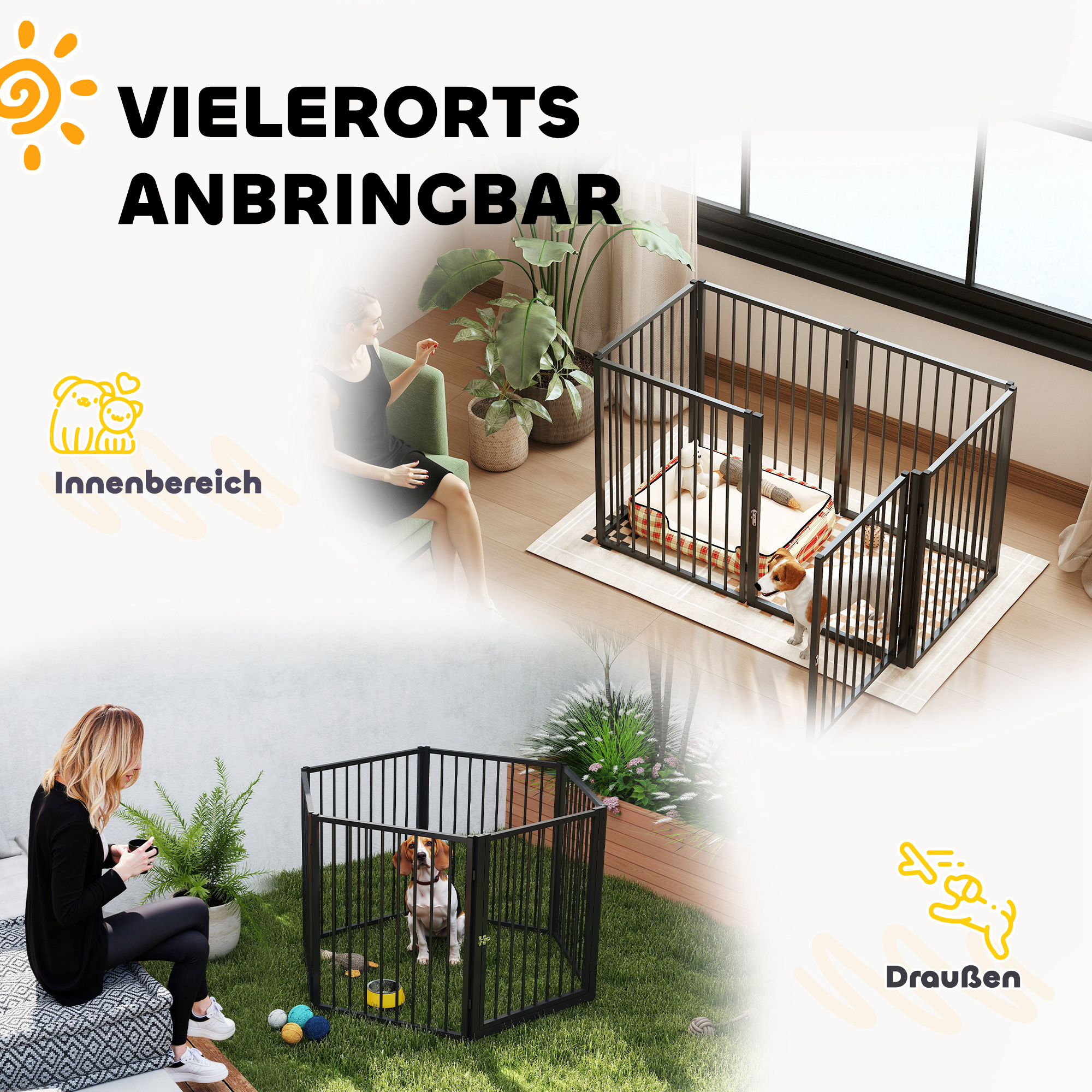 Welpenauslauf, Hundeauslauf, Welpengehege, 6 Paneele mit Tür, faltbarer und tragbarer Hundezaun, Stahl, Schwarz