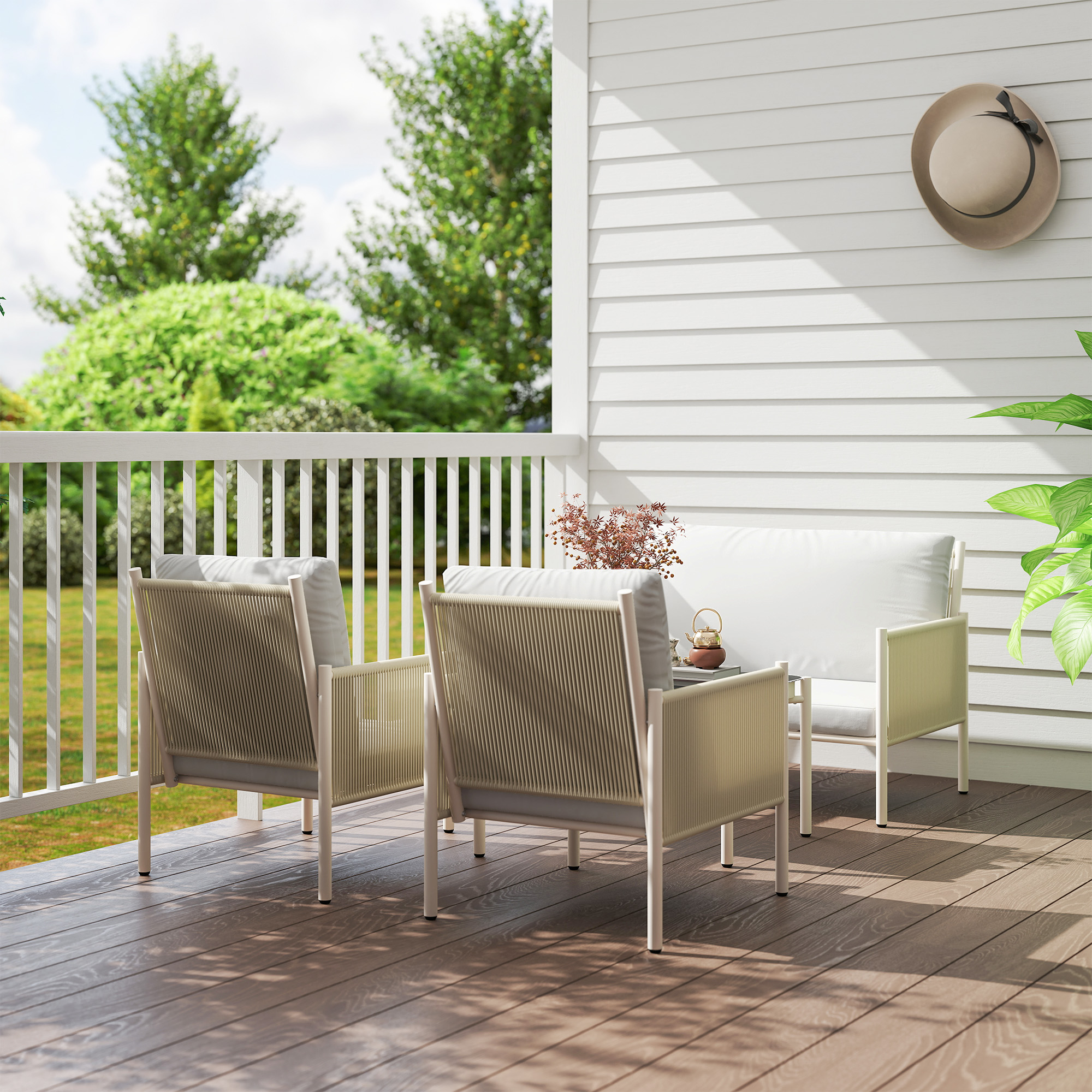 Gartenmöbel Set aus Polyrattan Lounge-Set mit 2er Sofa Sessel Glastisch Kissen 4 Personen Braun+Grau