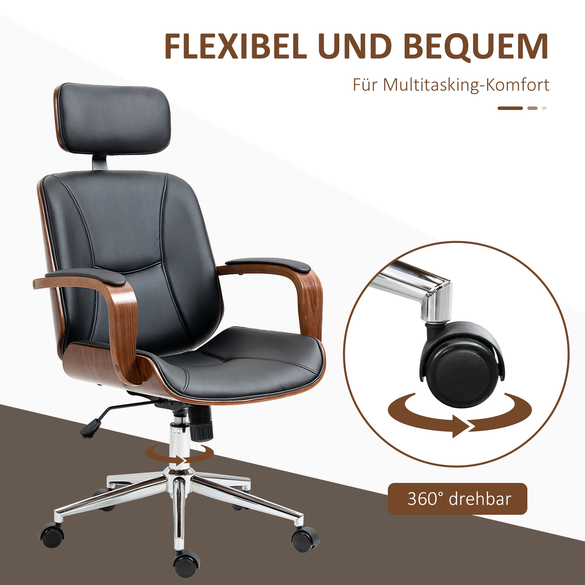 Bürostuhl Ergonomischer Schreibtischstuhl mit Hoher Rückenlehne, Abnehmbarer Kopfstütze für Home-Office Schwarz