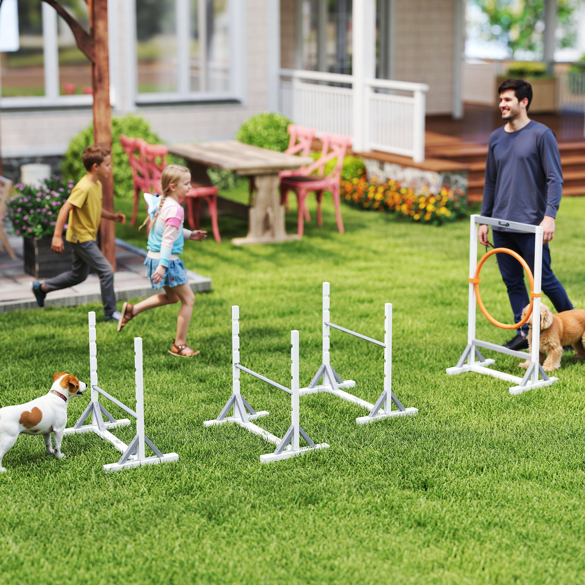 Agility Set Hunde 4-teiliges Agility-Ausrüstung für Hundetraining mit höhenverstellbar Hürden Reifen Weiß