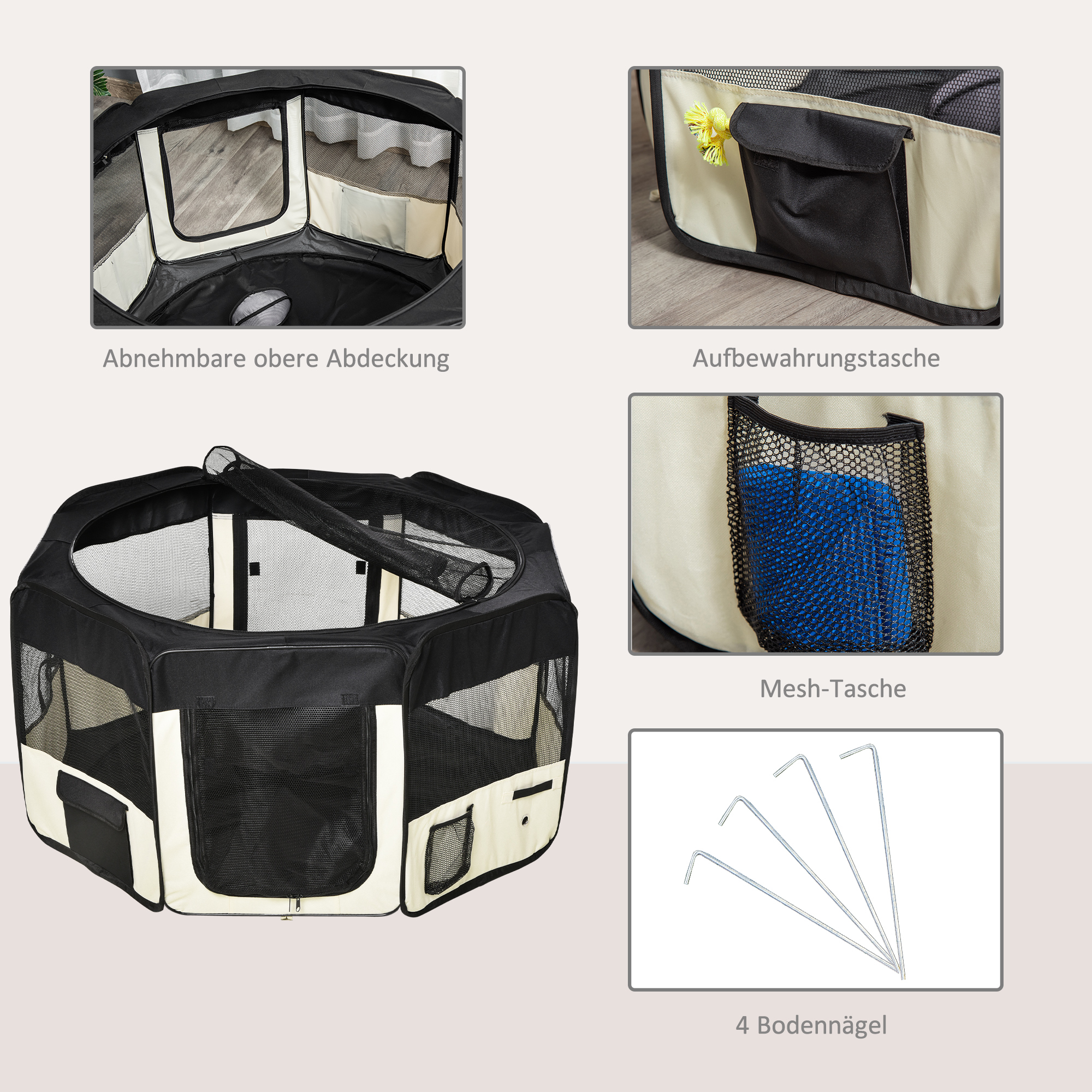 Welpenauslauf, Faltbar Welpenlaufstall mit Netzabdeckung, Laufstall für Hunde, Katzen, Kleintiere, Hundelaufstall aus atmungsaktives Netz, für Wohnung, Ø120 x 58H cm  Schwarz+Cremeweiß