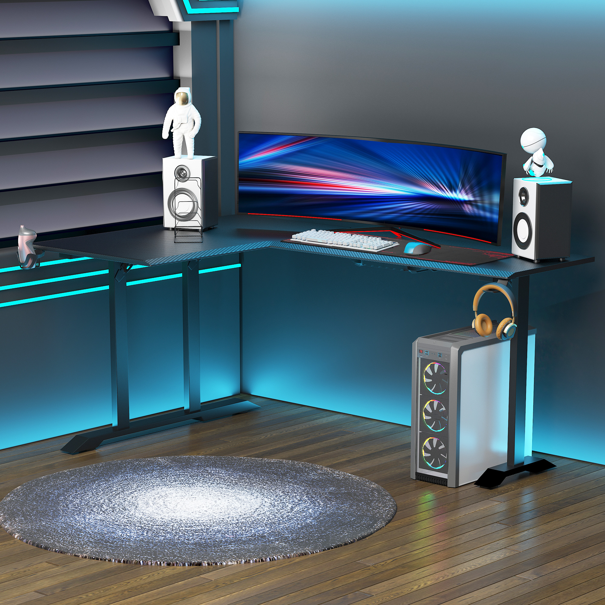 Gaming Tisch Schreibtisch L-förmige mit Kopfhörerhaken Getränkehalterung Computertisch MDF Metall Schwarz+Rot 168 x 109 x 78 cm