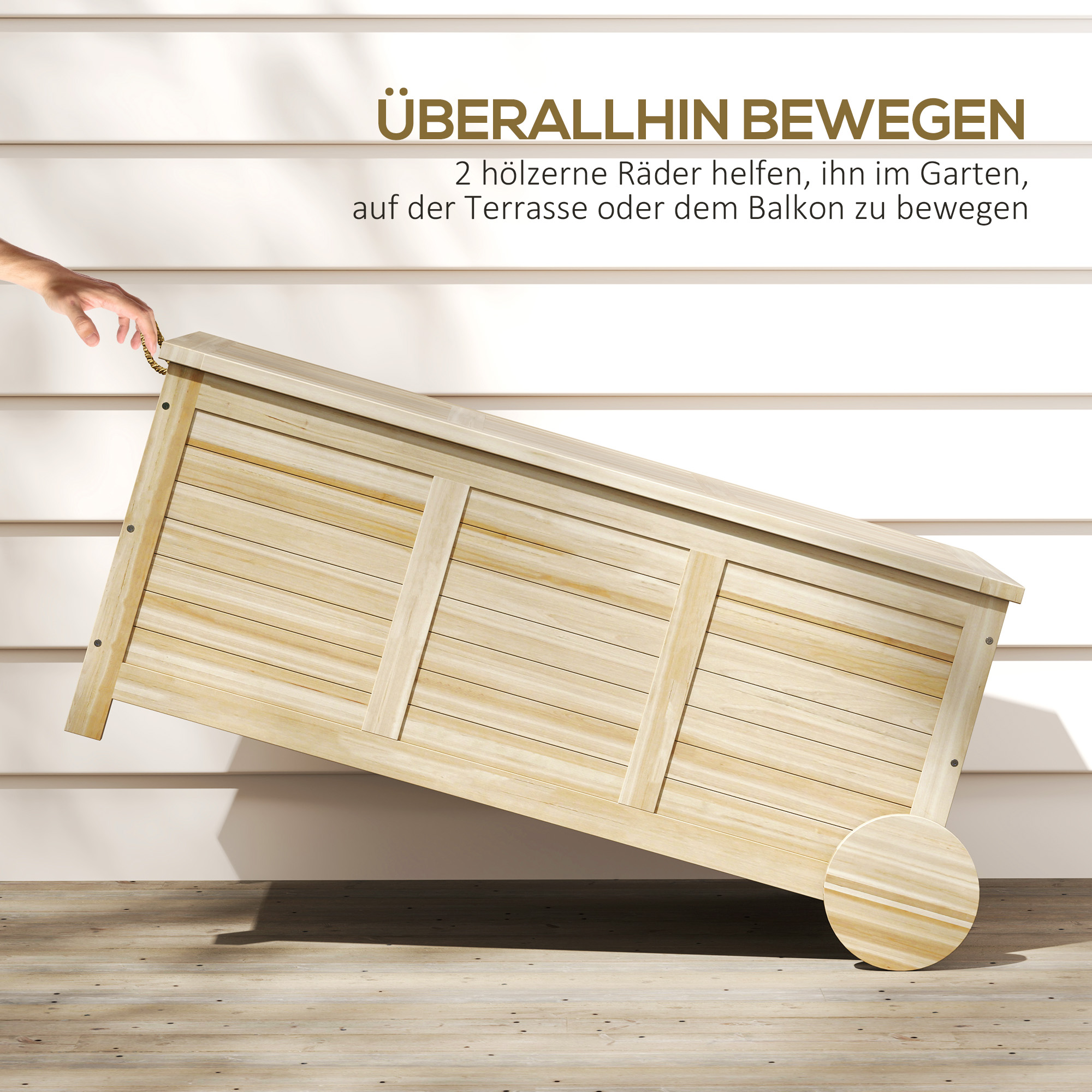 185 L Außenlagerbox, Lagerkiste mit Rädern, wetterbeständig, Tannenholz, 110 x 50 x 50 cm, Hellbraun