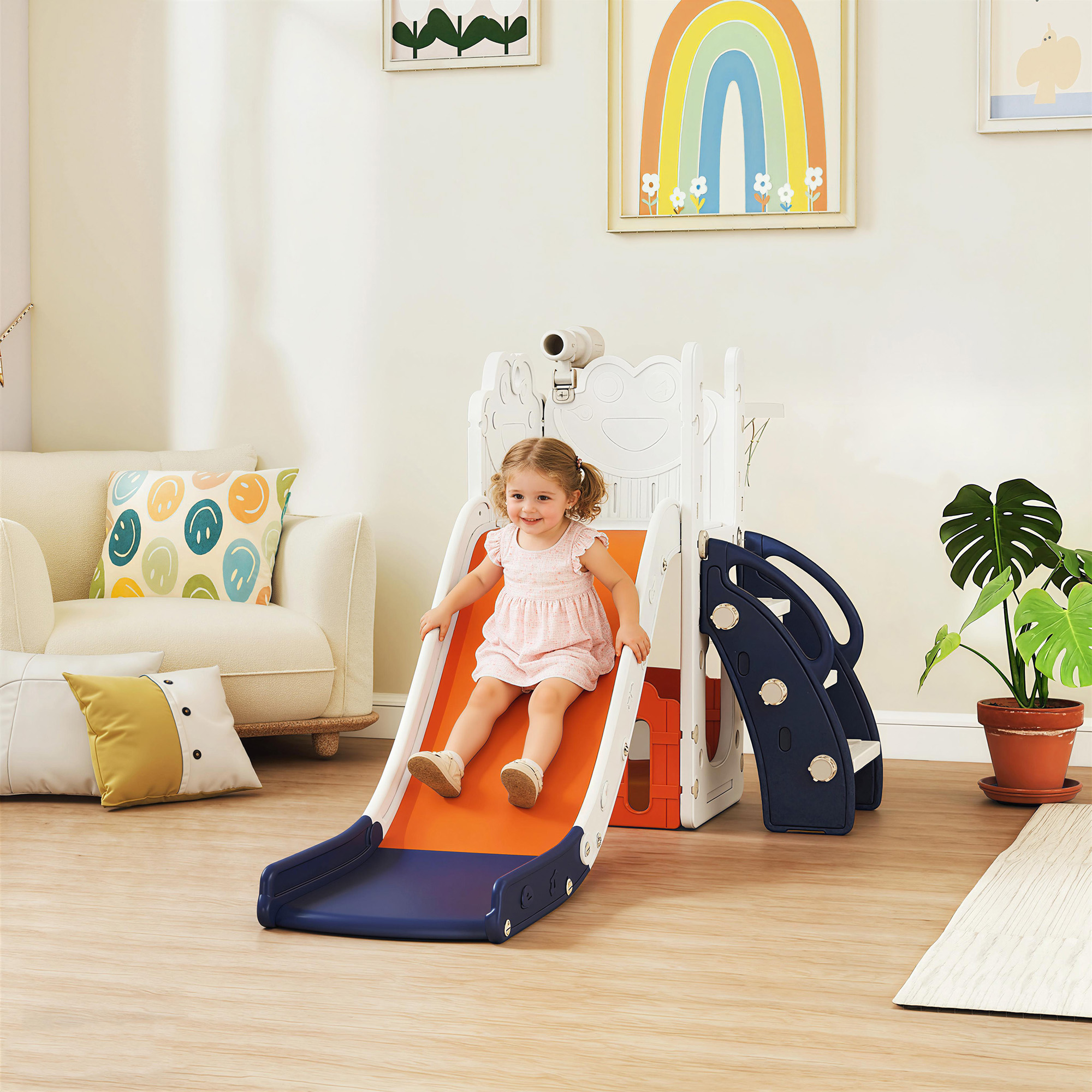 5-in-1 Kinderrutschenset, Teleskop, Basketballkorb, Kunststoff, Orange+Dunkelblau