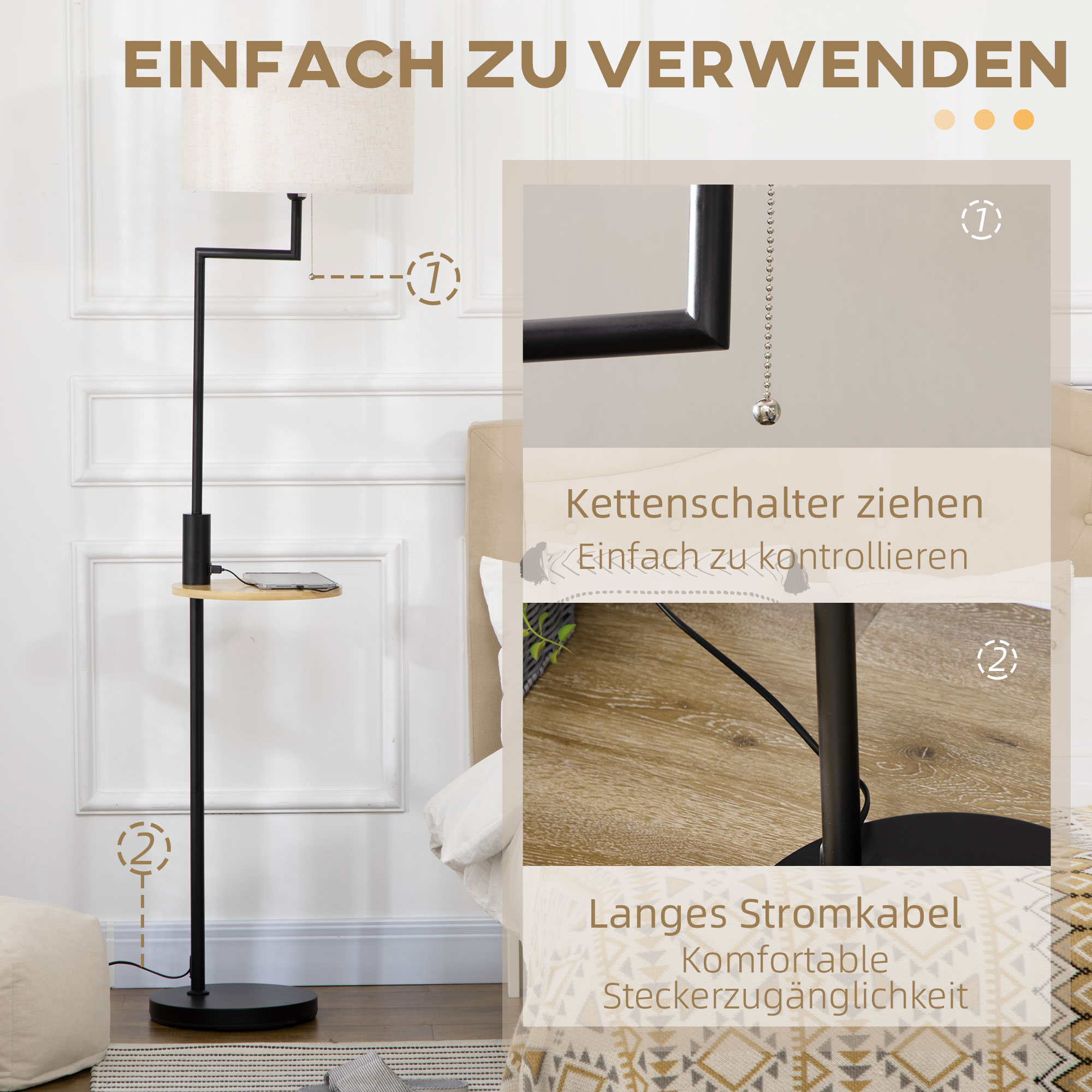 Stehleuchte inkl. Regal, Standleuchte, Kettenzug, E 27, 40 W, Bambus, Natur + Schwarz